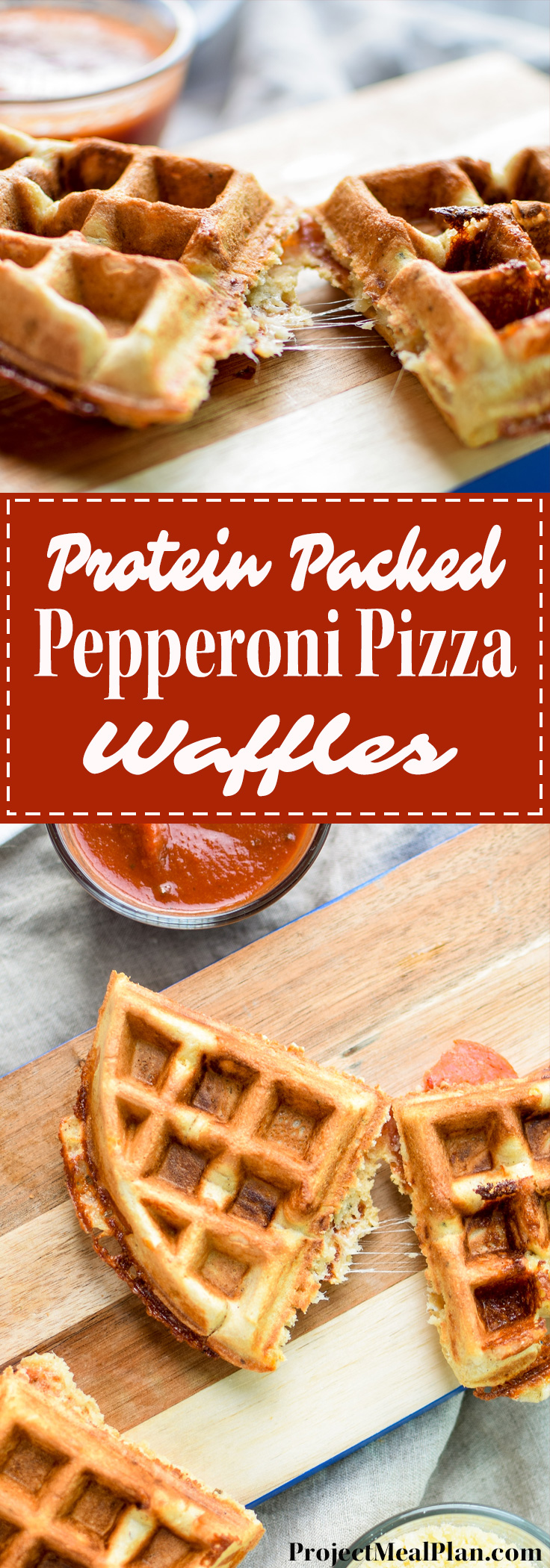 Protein Packed Pepperoni Pizza Waffles - Pizza + Waffles made super easy at home! Stuffed with mozzarella and pepperoni, plus packed with protein! - ProjectMealPlan.com