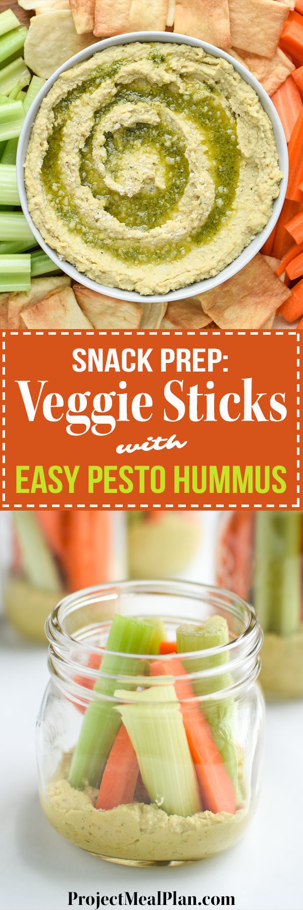 Snack Prep: Veggie Sticks with Easy Pesto Hummus recipe - A pesto twist on the classic hummus, plus, have you tried it with veggies in a mason jar? - ProjectMealPlan.com