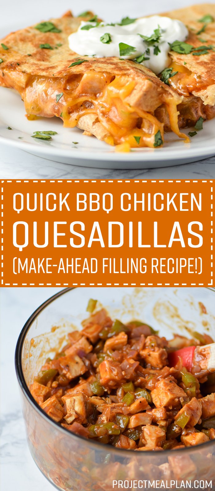 Quick BBQ Chicken Quesadillas (Make-Ahead Filling Recipe) - Delicious BBQ chicken quesadillas made in 10 minutes with pre-made filling! - ProjectMealPlan.com