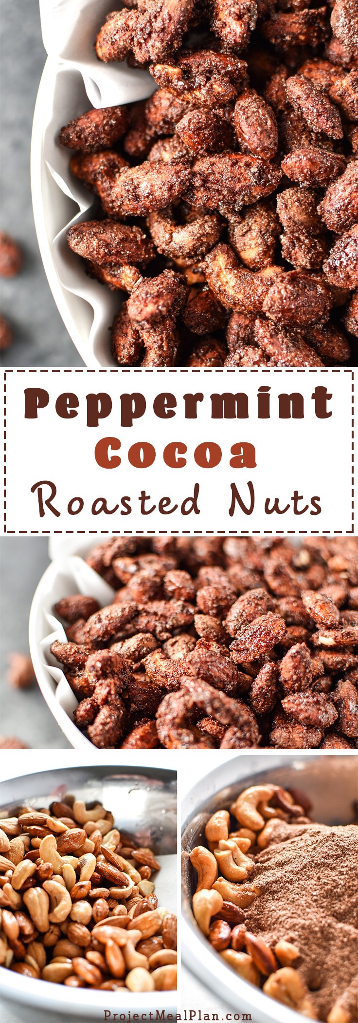 Peppermint Cocoa Roasted Nuts - Perfectly coated with chocolate and a hint of peppermint, best for holiday parties! #holidayfood #spicednuts #roastednuts