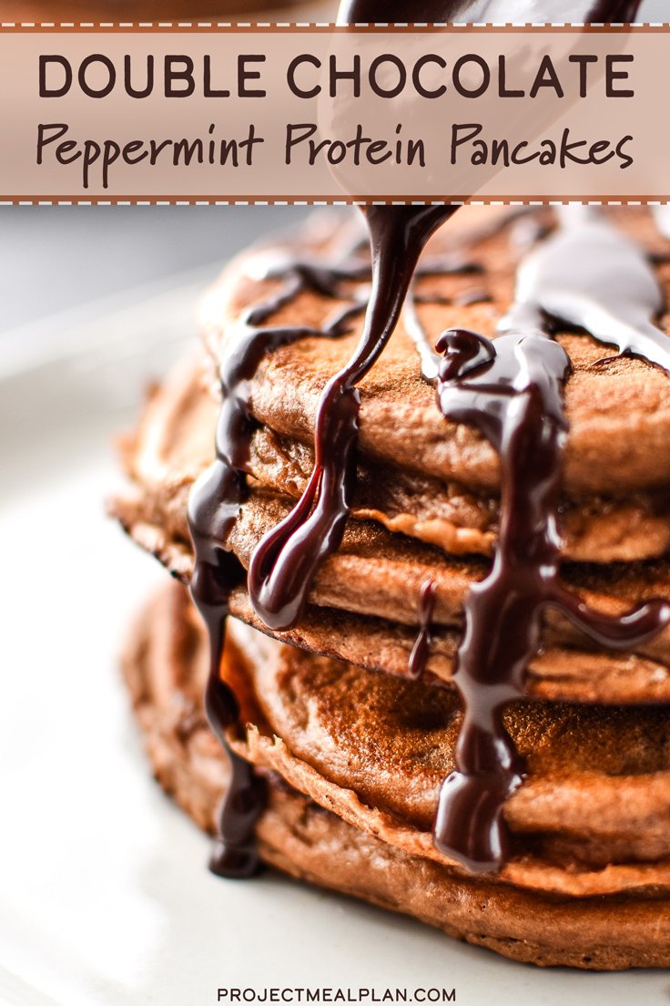 Pancakes being drizzled with chocolate with text, Double Chocolate Peppermint Pancakes