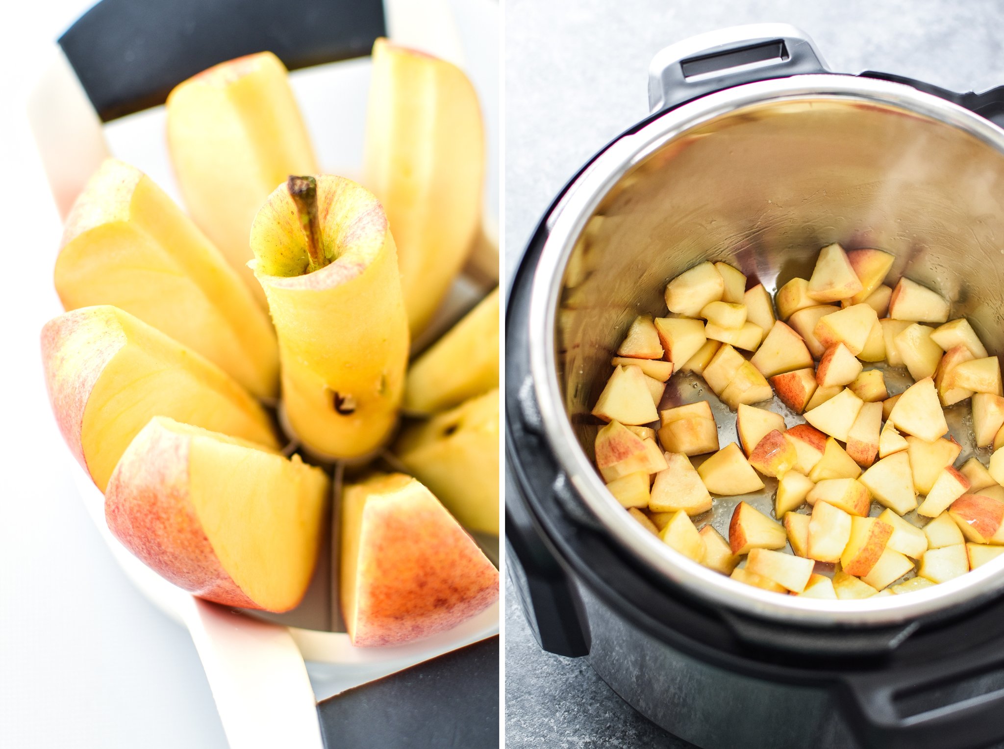 Left: Apple just cut with an apple cutter. Right: Cut apples cooking on saute in the Instant Pot.
