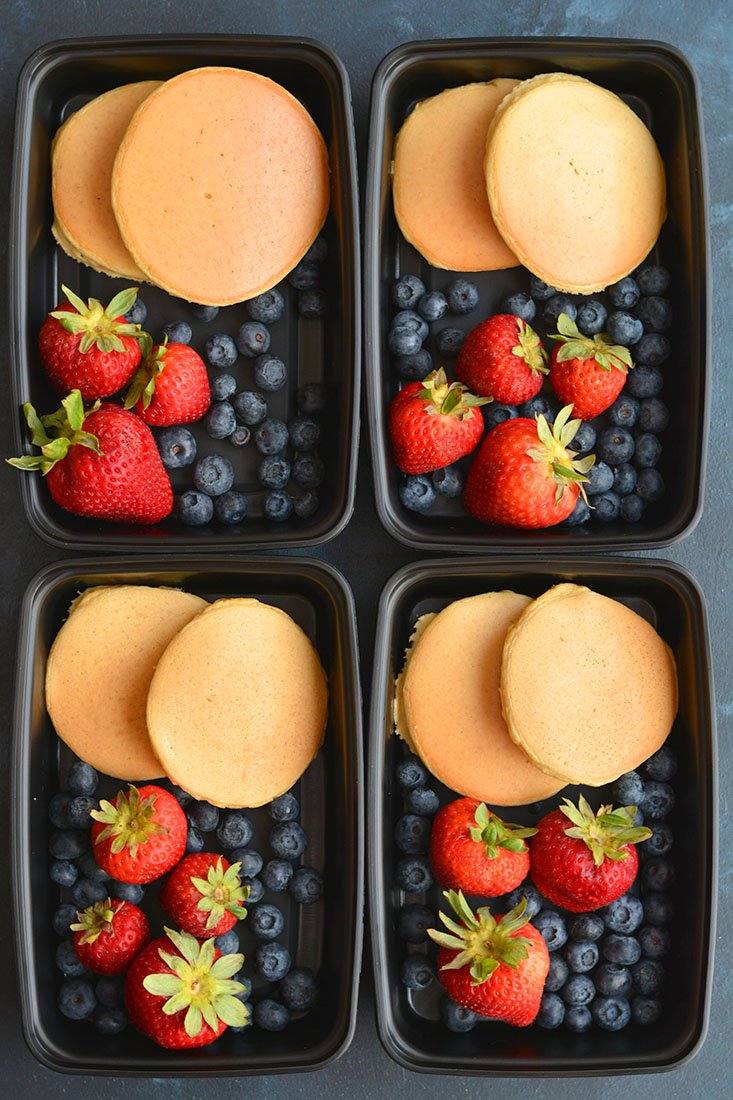 Meal prepped pancakes with berries.