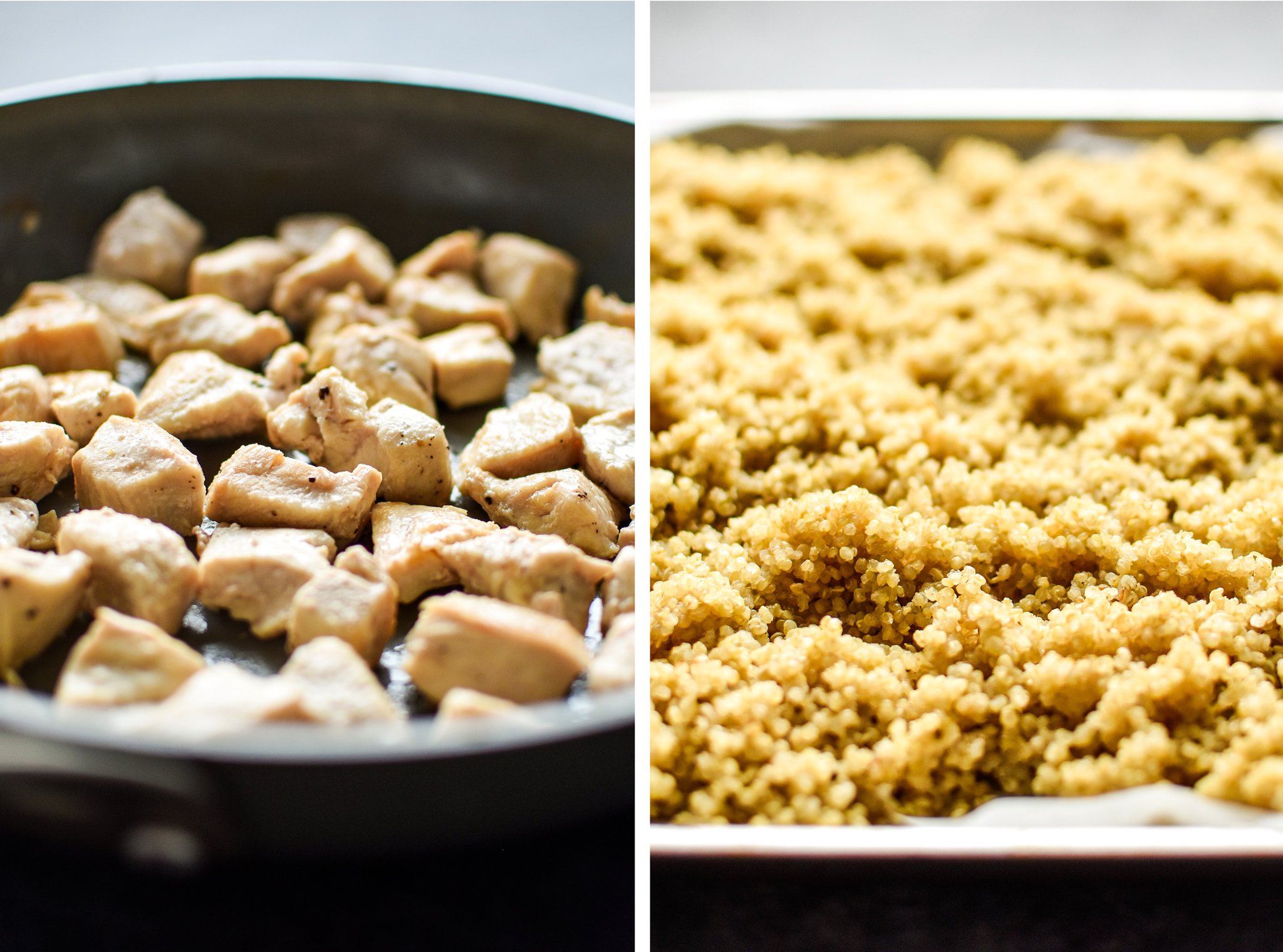 Left: Cooked chicken in a non stick pan. Right: Cooked quinoa cooling on a baking sheet.