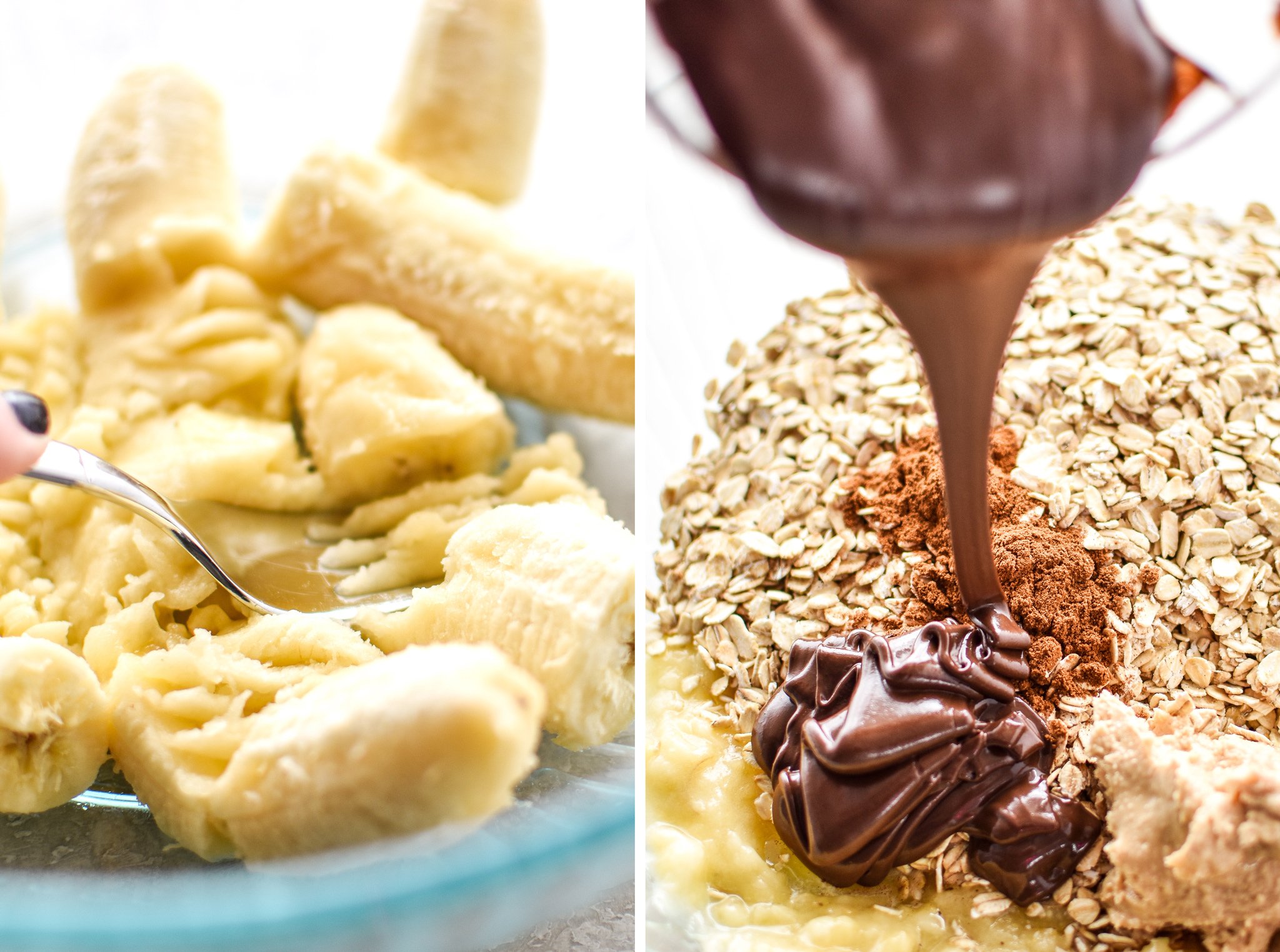 Left: Bananas being smooshed with a fork. Right: Ingredients for the banana chocolate oatmeal cookie mounds, pouring chocolate in the bowl.