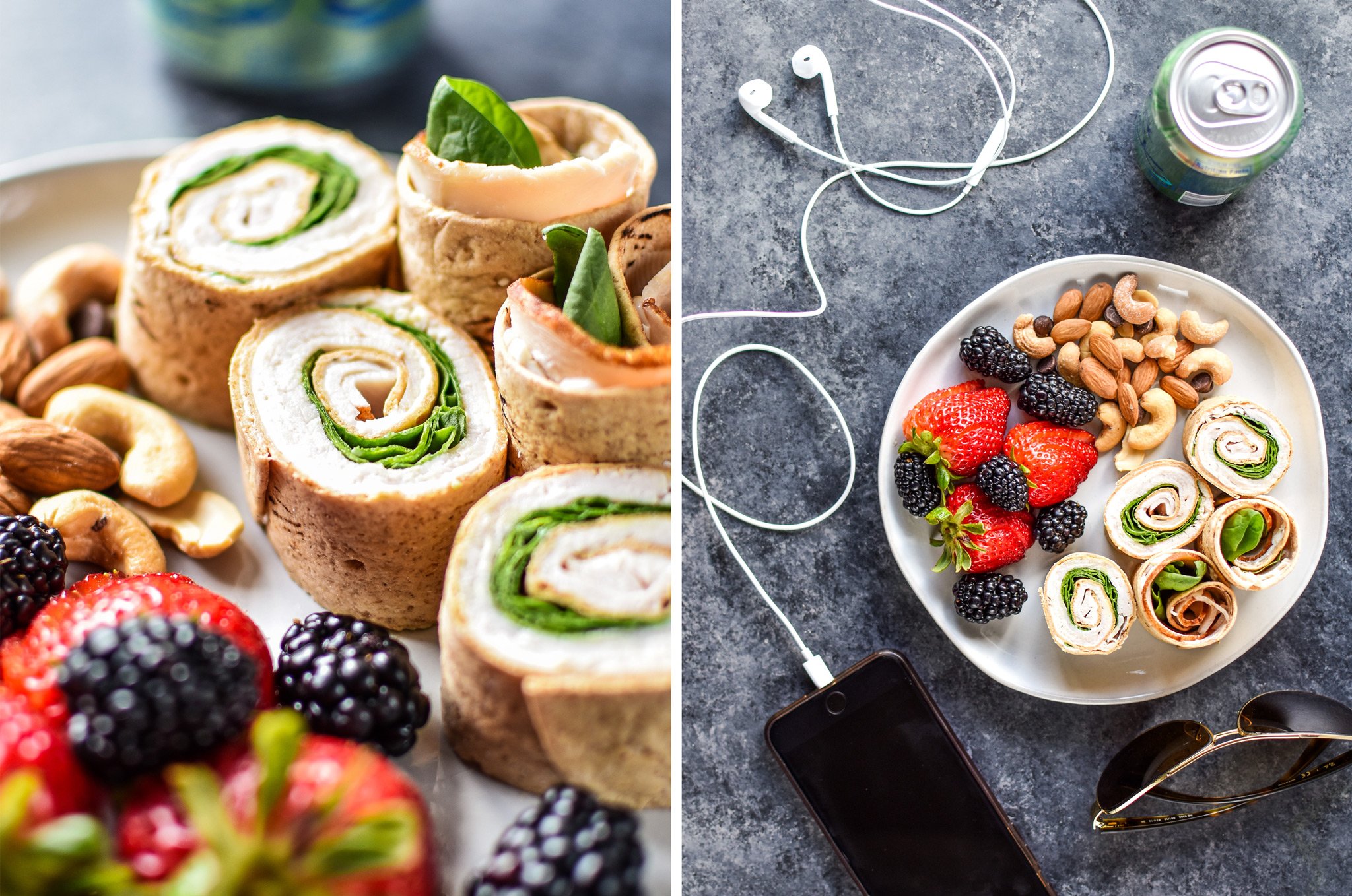 Left: Turkey pinwheels on a place with berries and nuts. Right: Top view of a lunch plate of pinwheels, nuts and fruit with a La Croix and iPhone music (summer vibes).