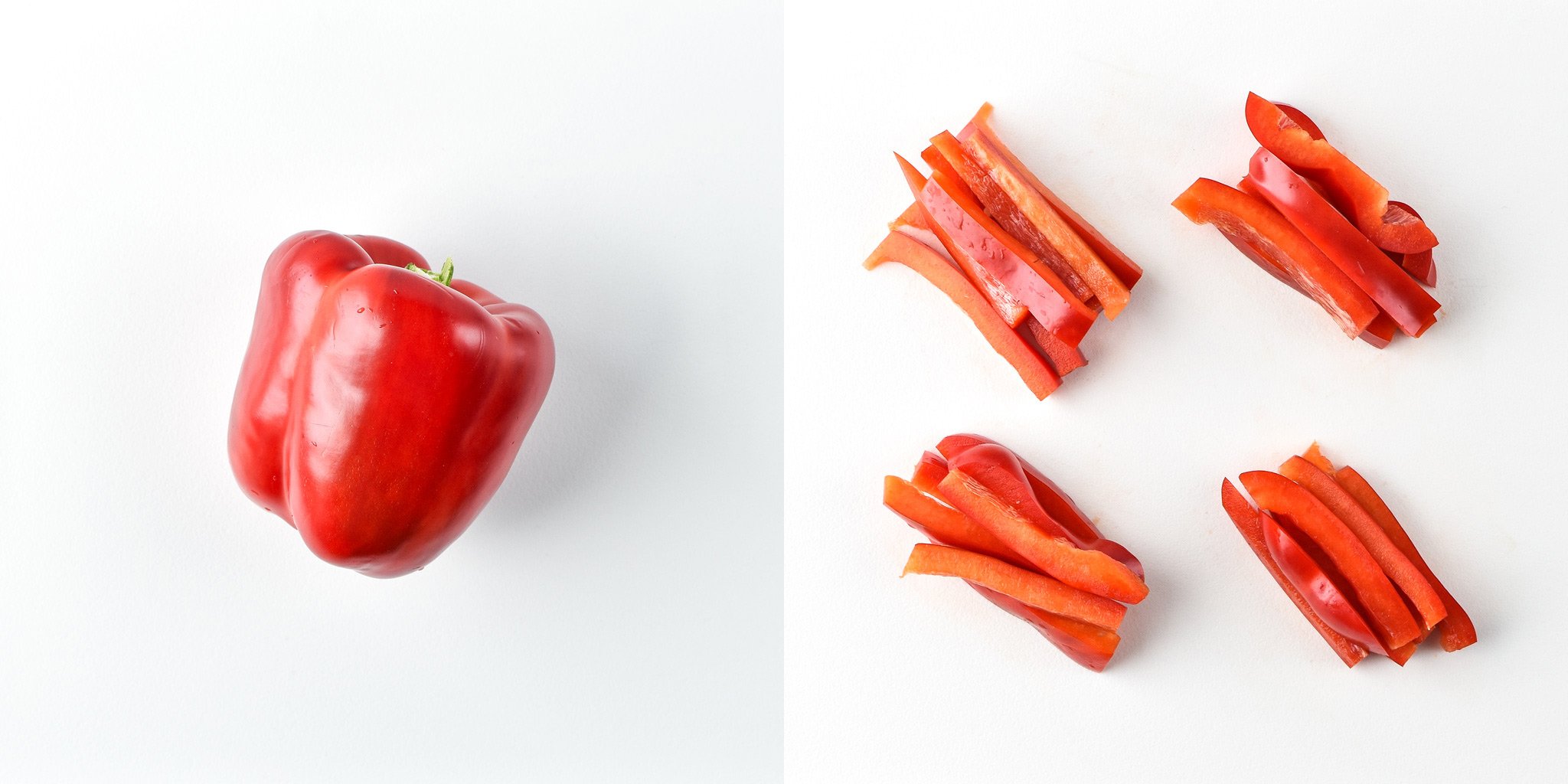 Red bell pepper before and after portioning for the Chicken & Hummus Plate Lunch Meal prep