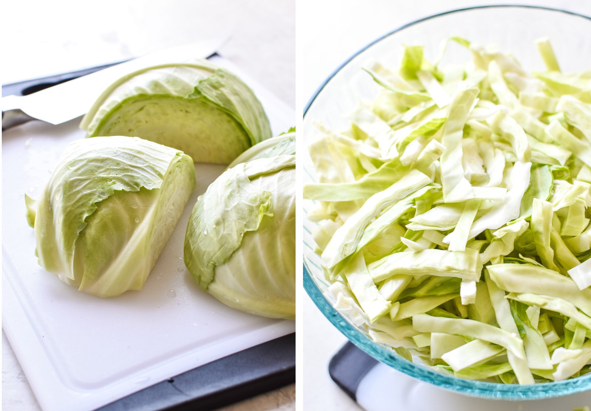 Left: A head of cabbage cut up and ready to be shredded for stir fry. Right: a bowl of shredded cabbage ready for stir fry.
