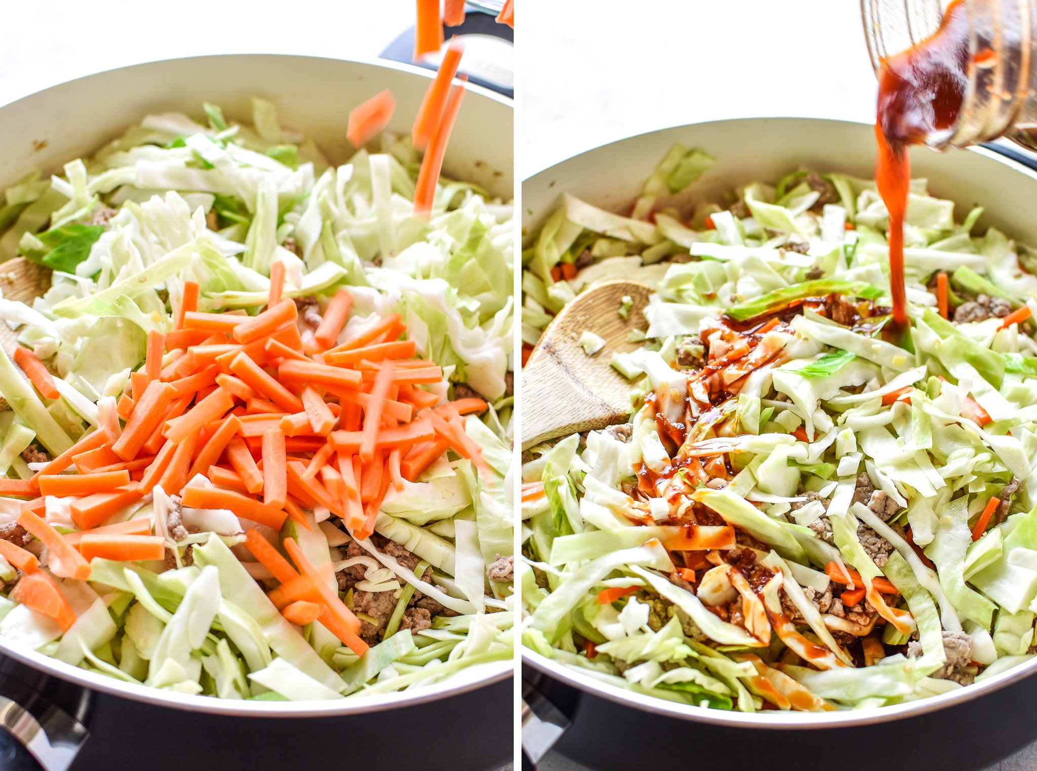 Left: Adding carrots to the pan. Right: Adding sauce mixture to the pan of spicy ground turkey & cabbage stir fry.