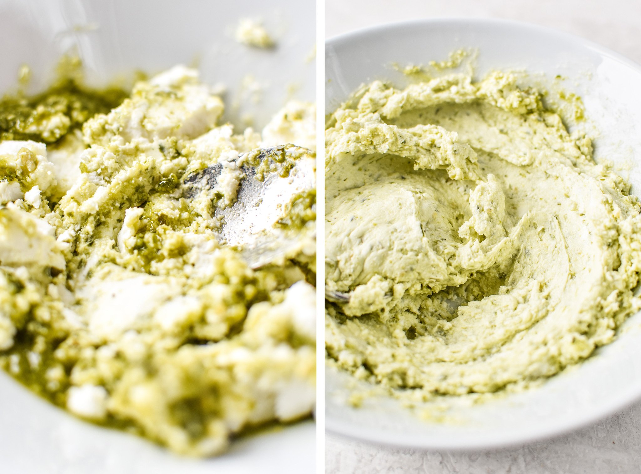 Mixing up the ingredients in the Pesto Goat Cheese Dip.