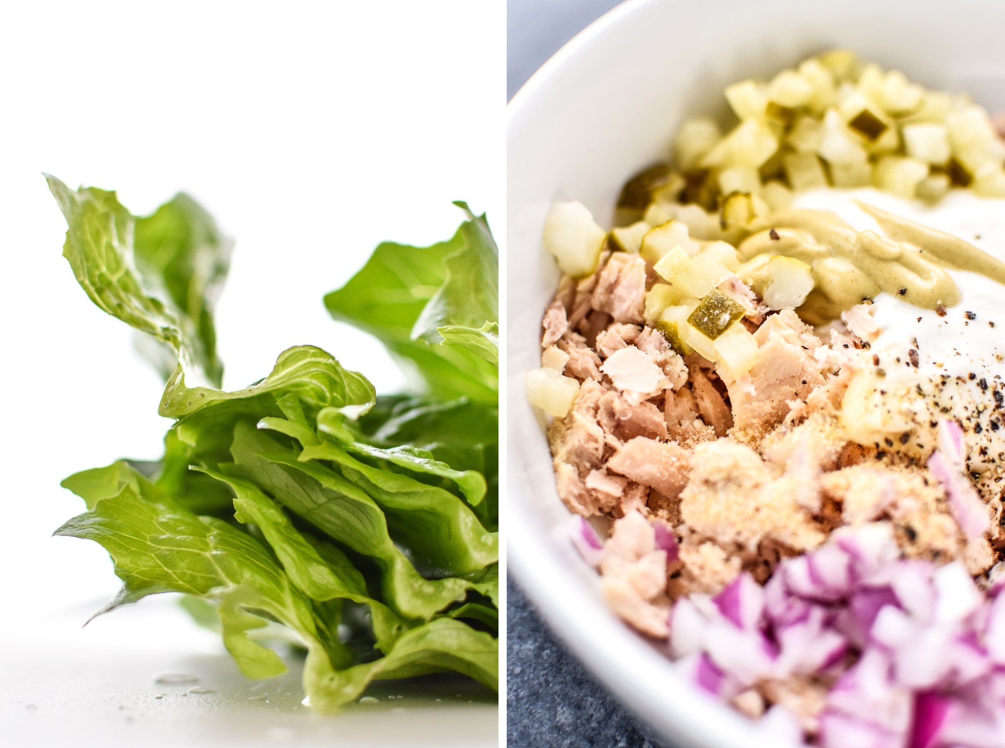 Left: Romaine lettuce laeves. RIght: Tuna Salad Lettuce Wraps Meal prep being prepared.