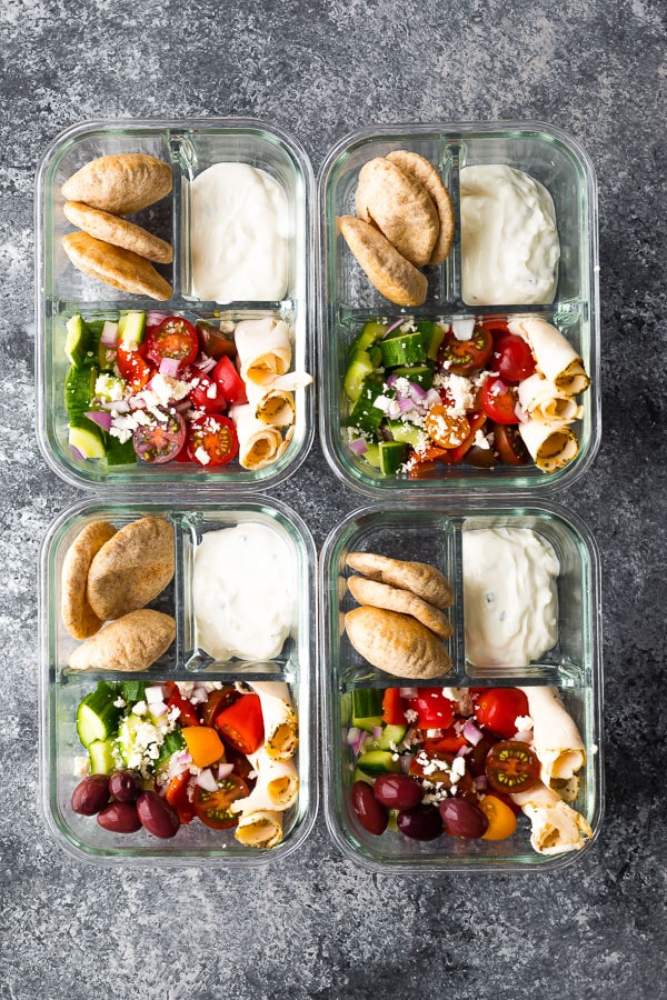 These greek salad bento boxes are an excellent no heat lunch meal prep option.