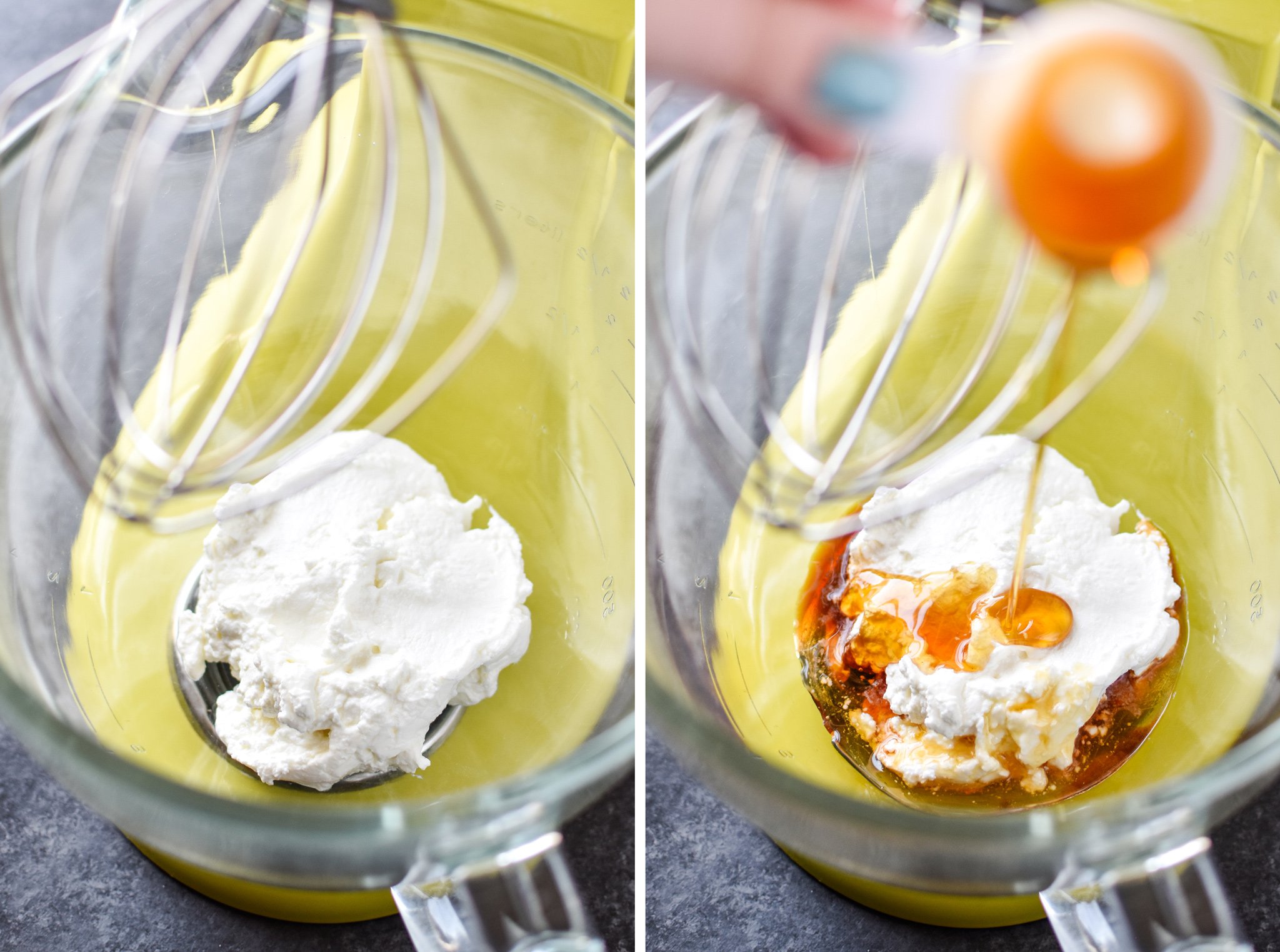 Make whipped greek yogurt! Left: strained greek yogurt in the stand mixer. Right: Adding maple syrup to make whipped greek yogurt.