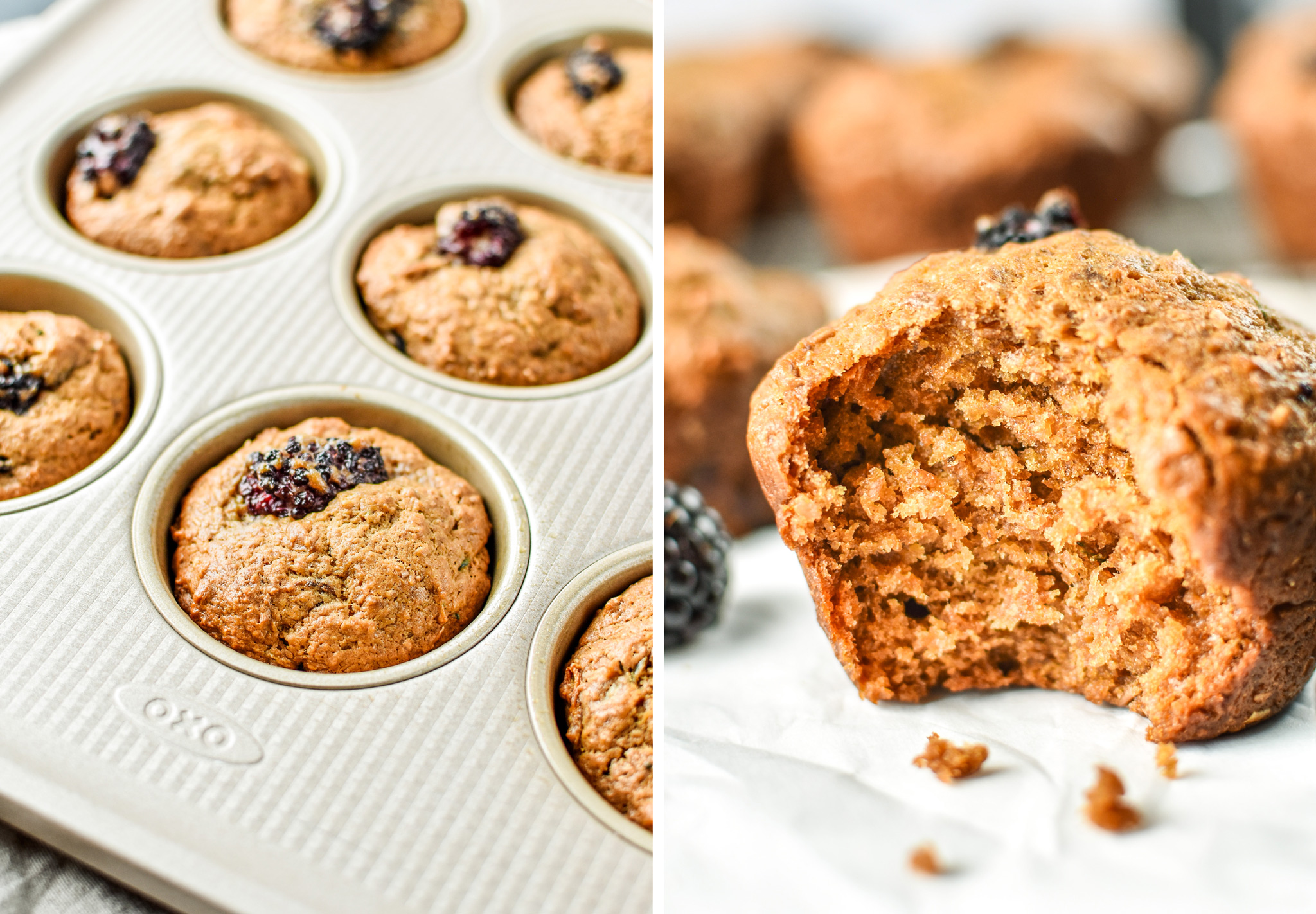 A fresh batch of Blackberry Bran Muffins made in the OXO muffin tin.