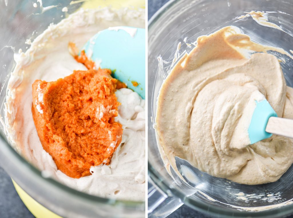 adding pumpkin puree to greek yogurt.