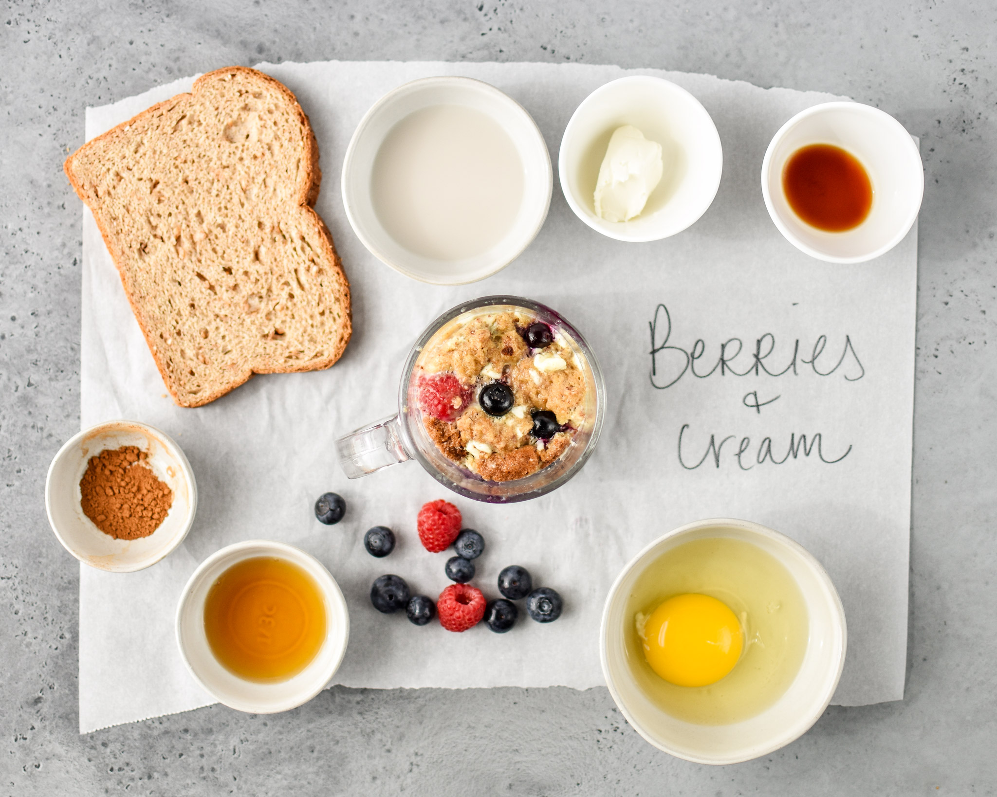 ingredients for the berries & cream microwave mug french toast