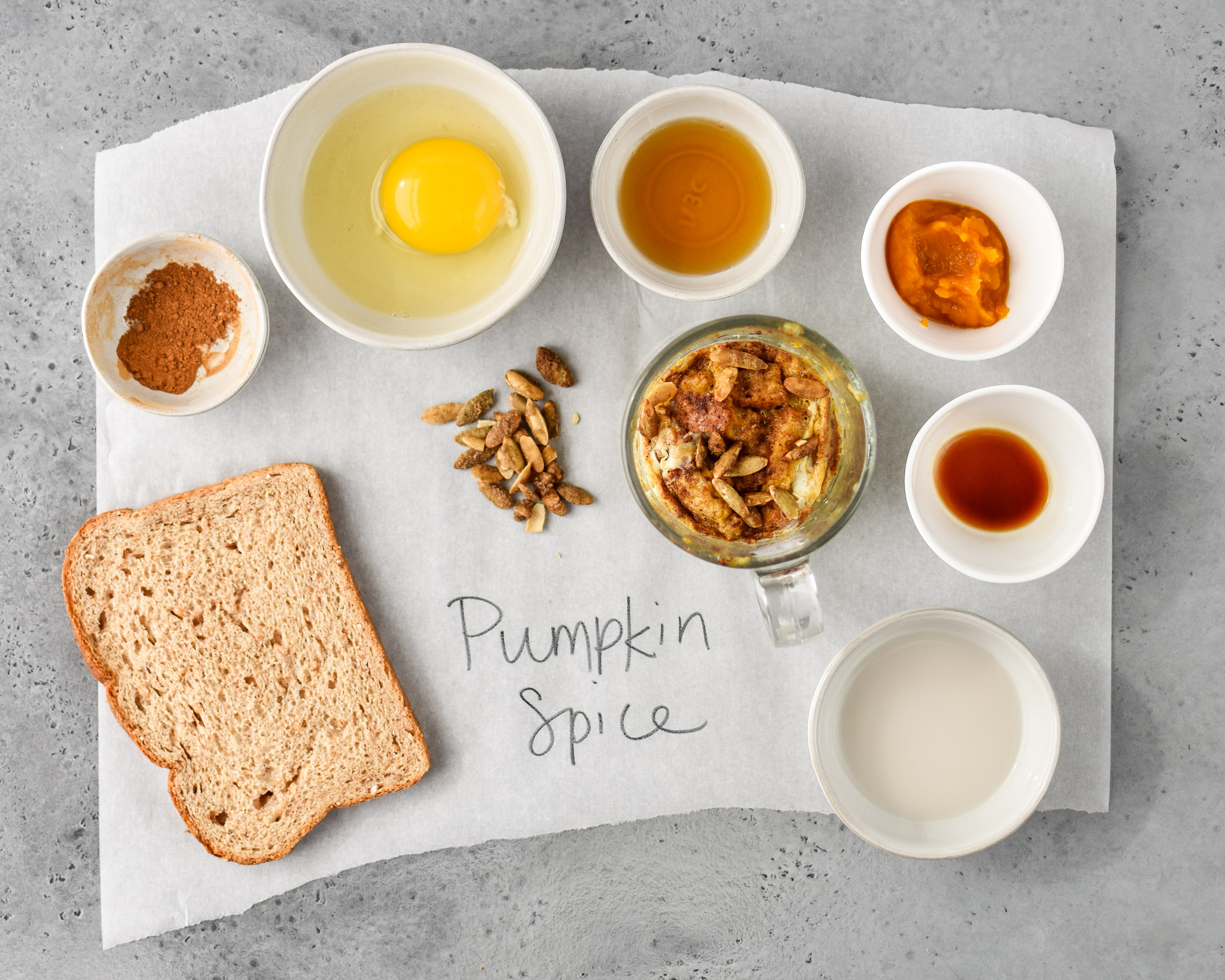 ingredients for pumpkin spice microwave mug french toast