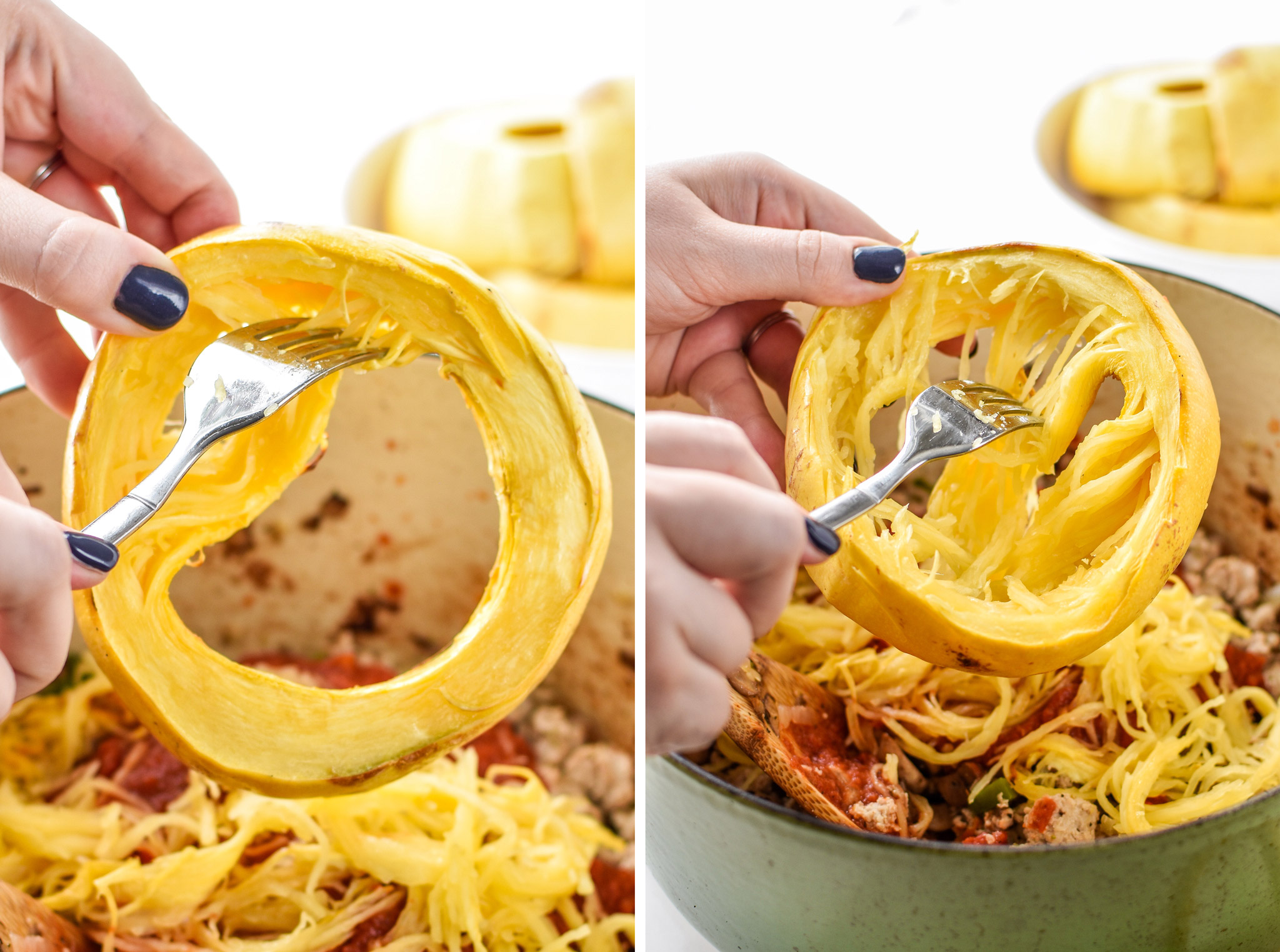 Using a fork to pull the squash noodles from the skin for the Low carb Spaghetti Squash Spaghetti Bake