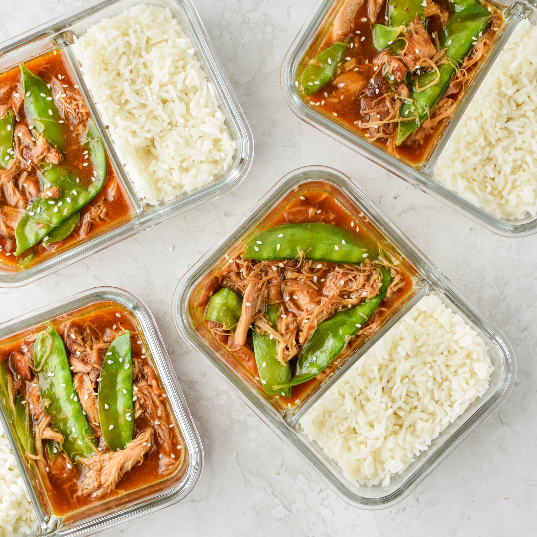 Top view of prepped meals in the Instant Pot Honey Garlic Chicken Meal Prep Bowls!