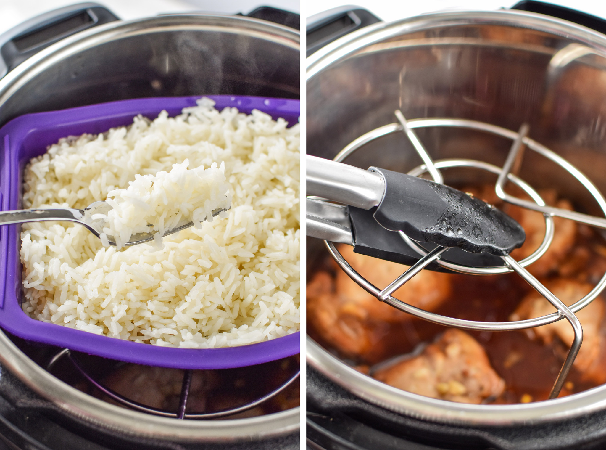 Left: Cooked rice for the Instant Pot Honey Garlic Chicken Meal Prep Bowls. Right: Removing the trivet from the Instant Pot.