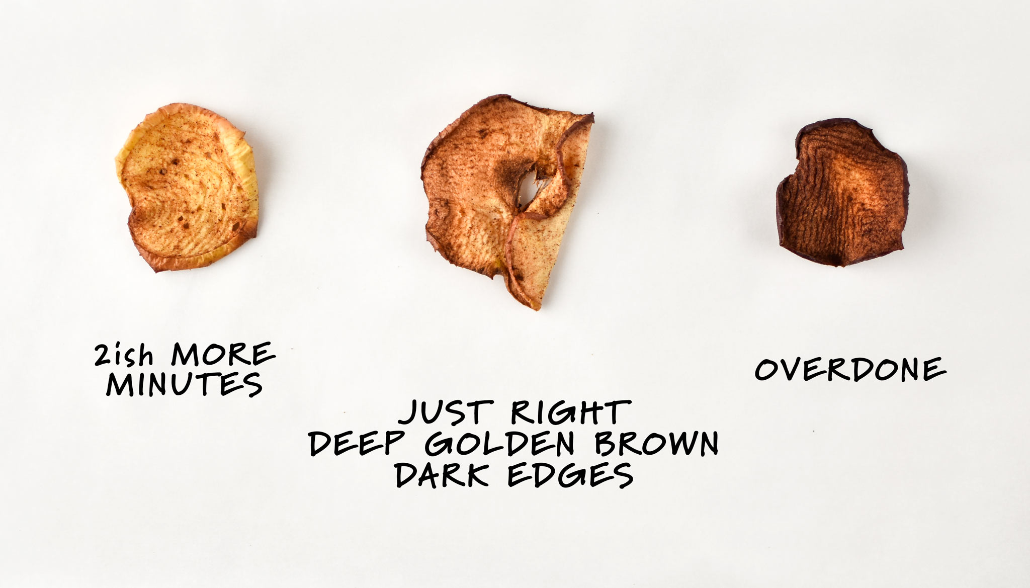 A diagram for how to make apple chips in an air fryer. Left needs 2ish more minutes, middle is just right with deep golden brown edges, and right is overdone.