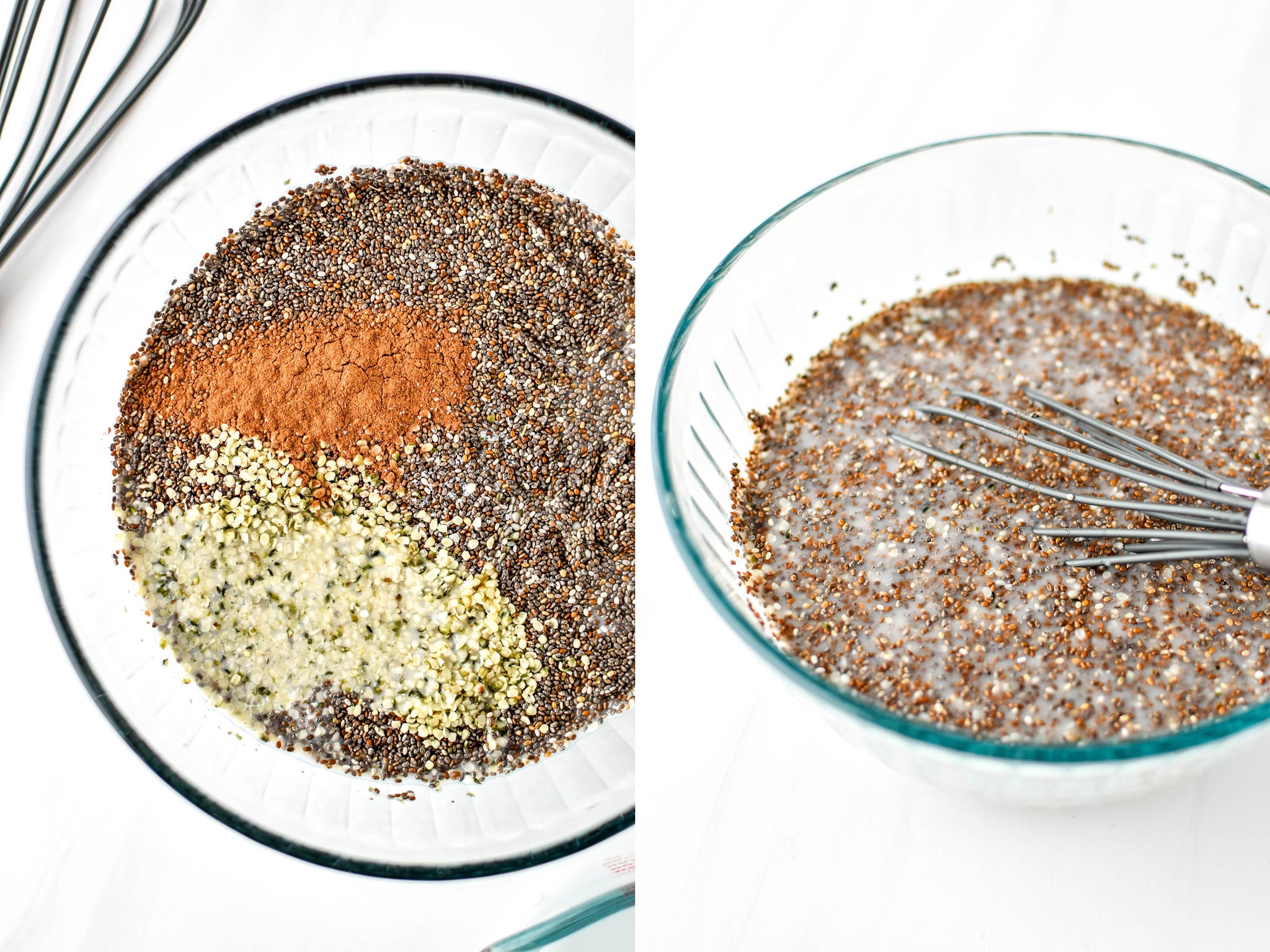 Mixing up chia seeds with almond milk to create chia pudding breakfast parfaits.