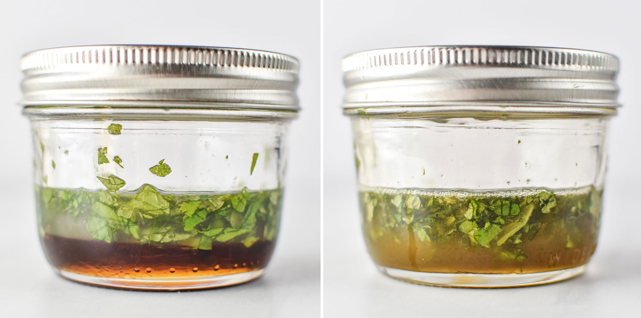 Honey lime mint dressing before and after shaking