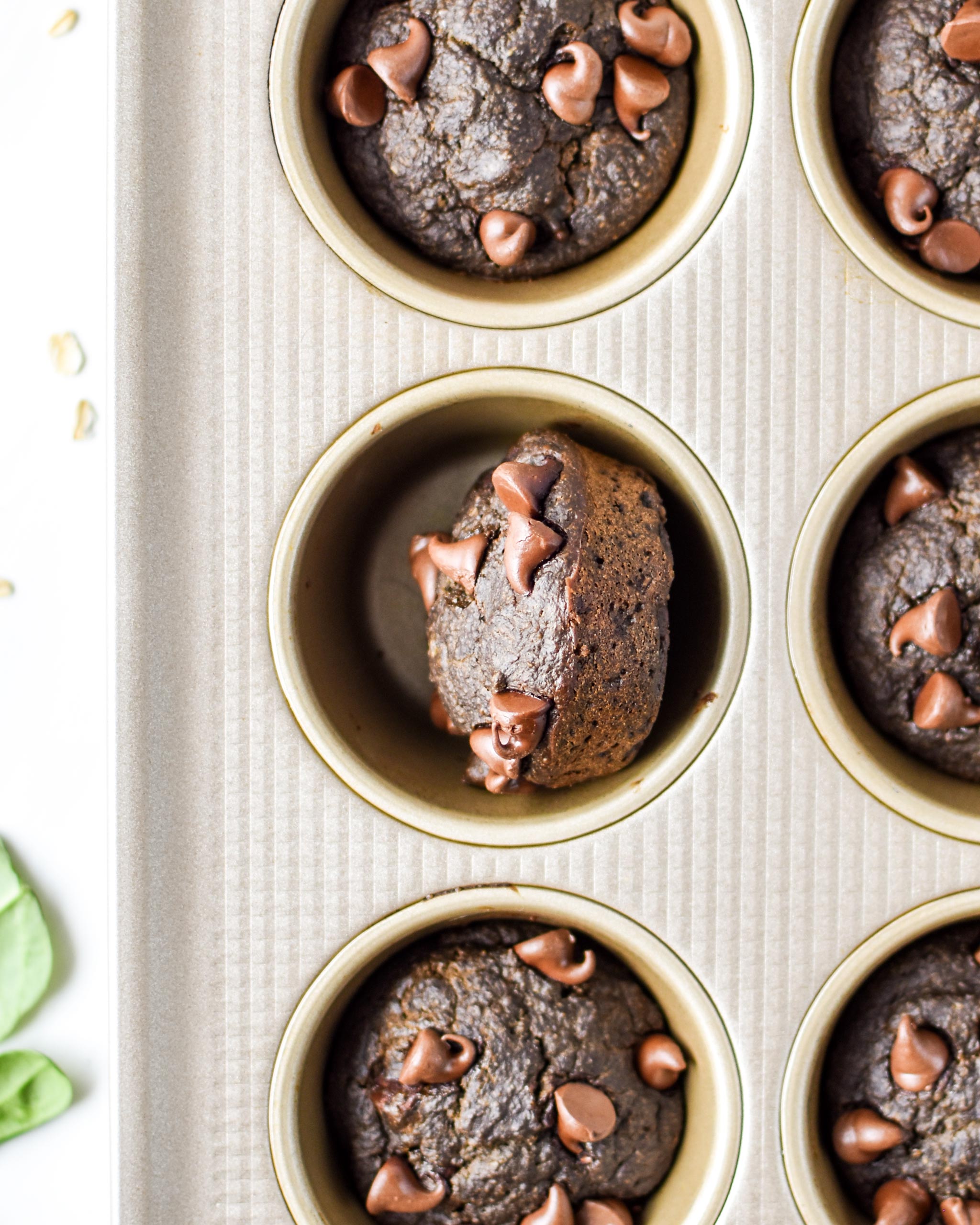baked chocolate spinach blender muffins from the top