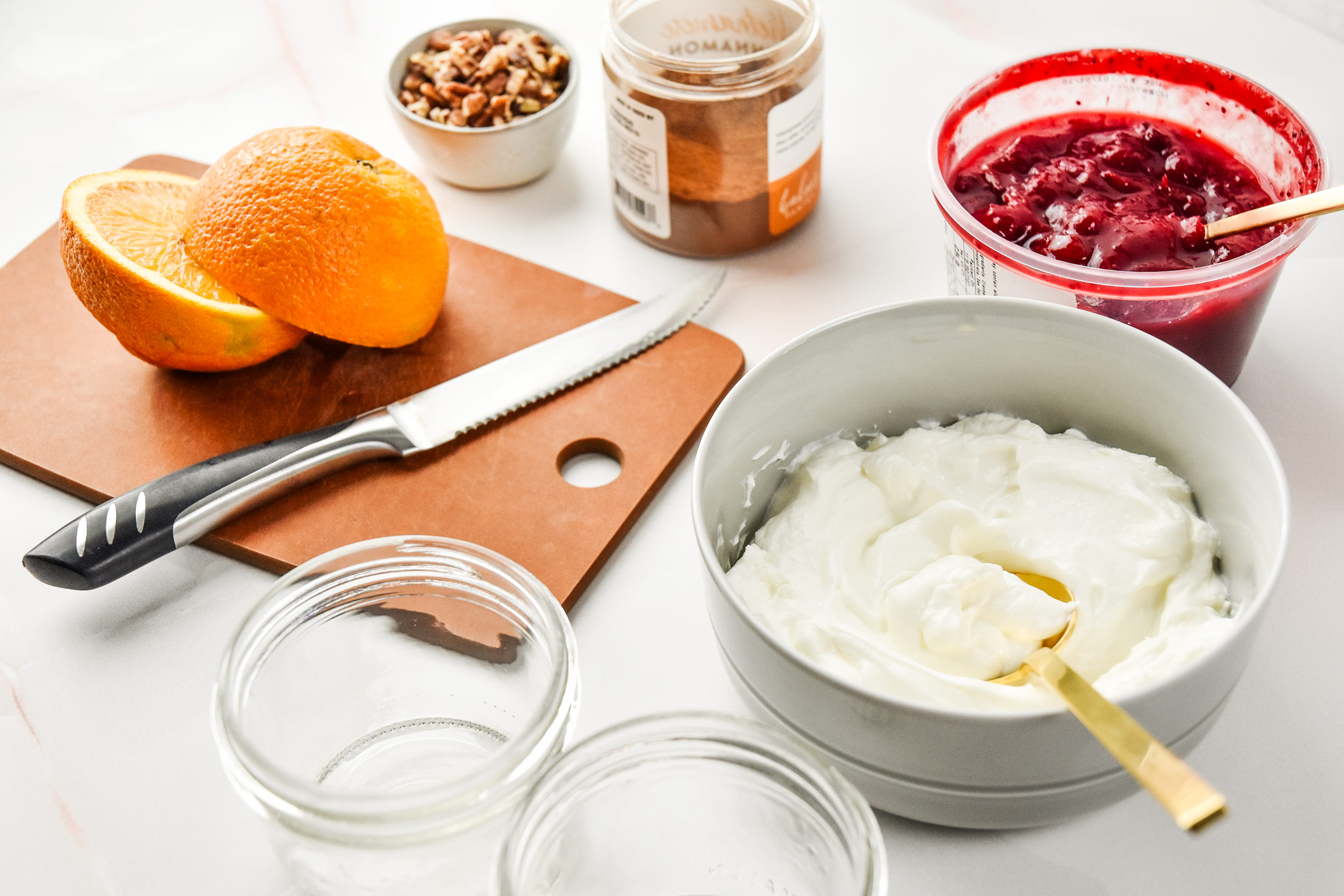 ingredients for the cinnamon orange cranberry yogurt parfaits