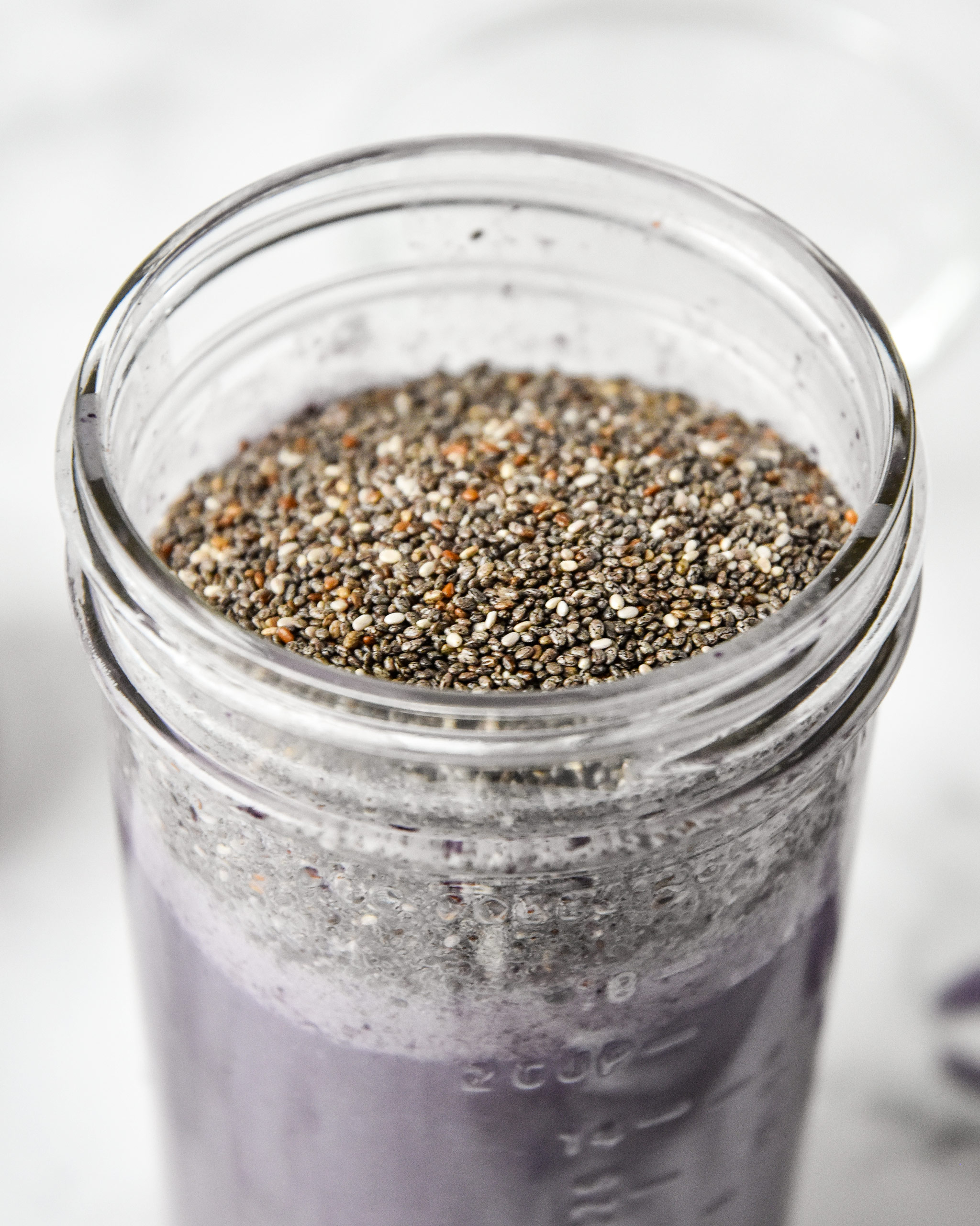 chia seeds added to the milk and blueberries