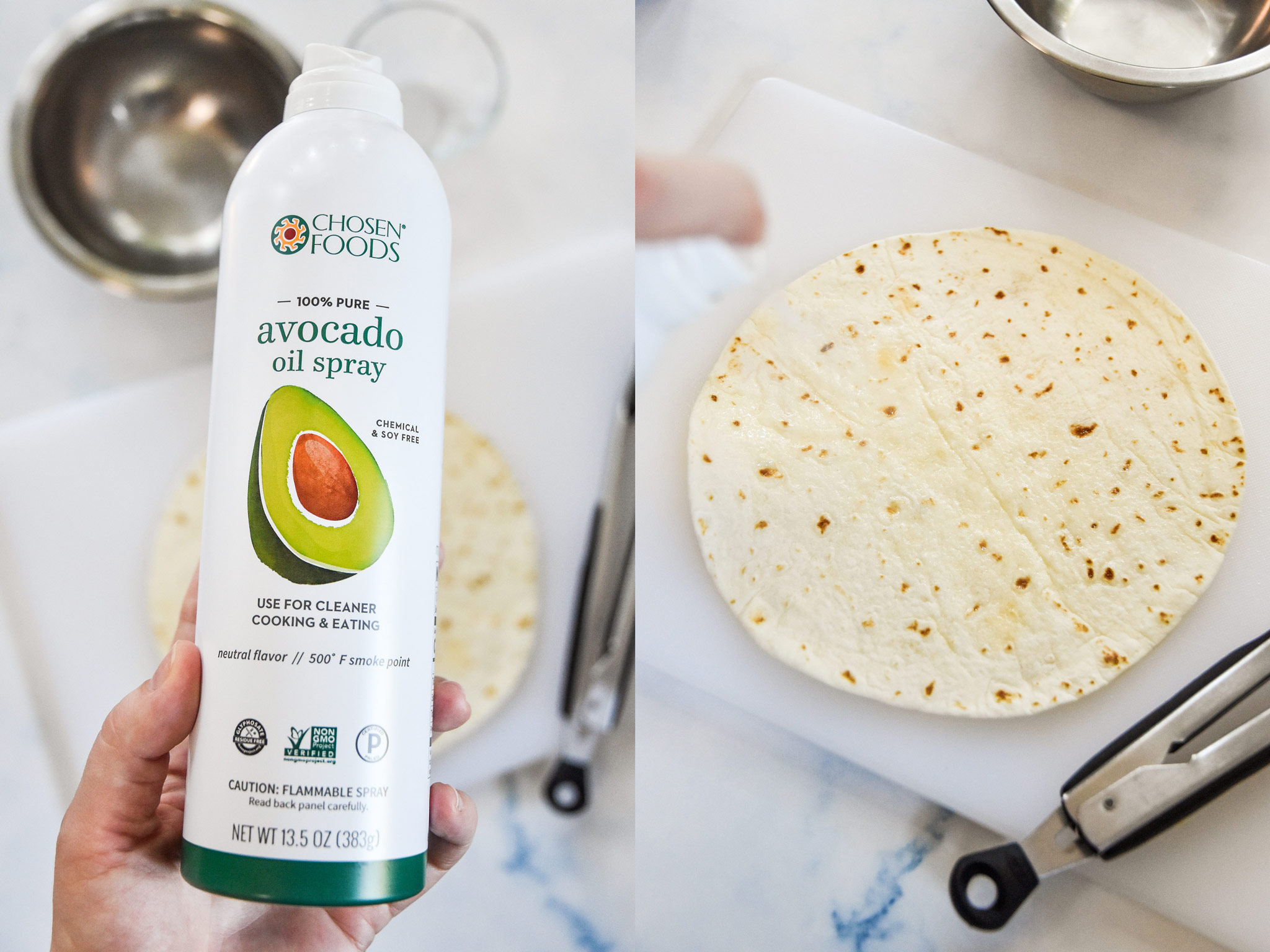 chosen foods avocado oil spray being sprayed onto a tortilla.