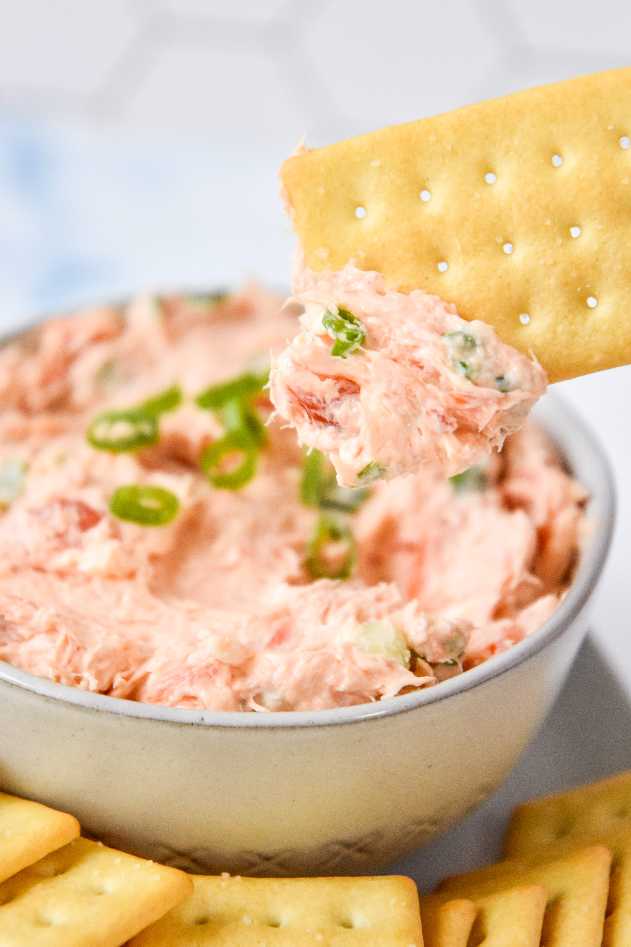 dipping a cracker into the smoked salmon dip.