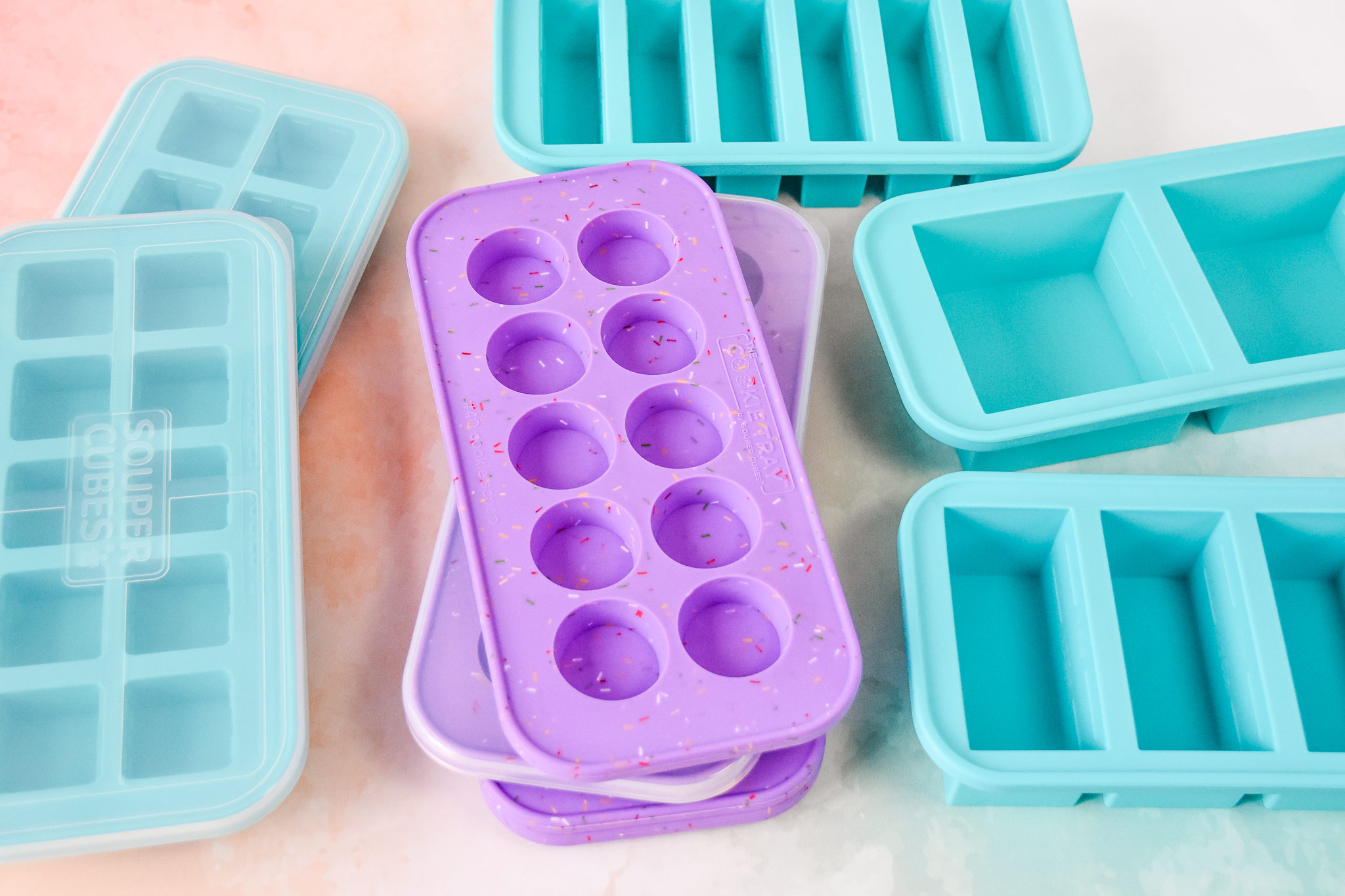 purple and blue souper cubes trays on a counter.