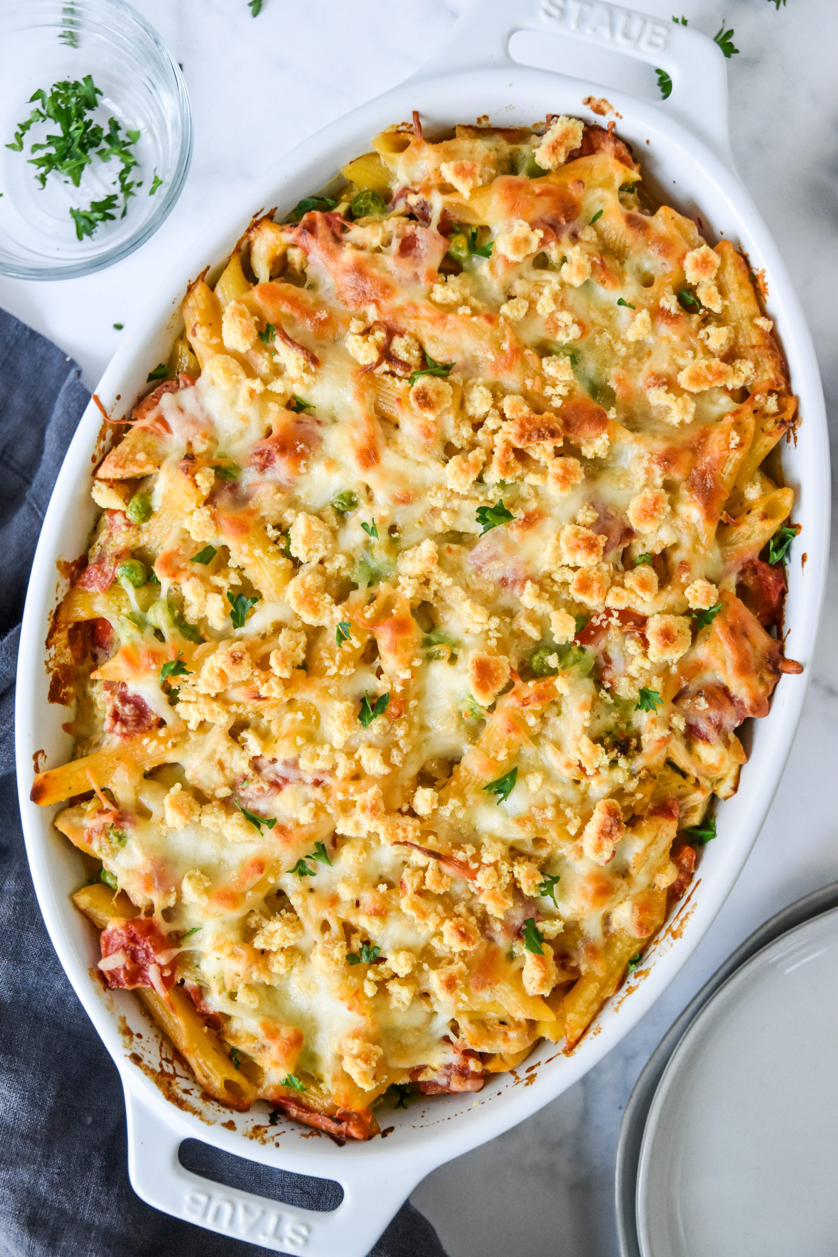 Creamy Pesto Pasta Chicken Bake with Peas