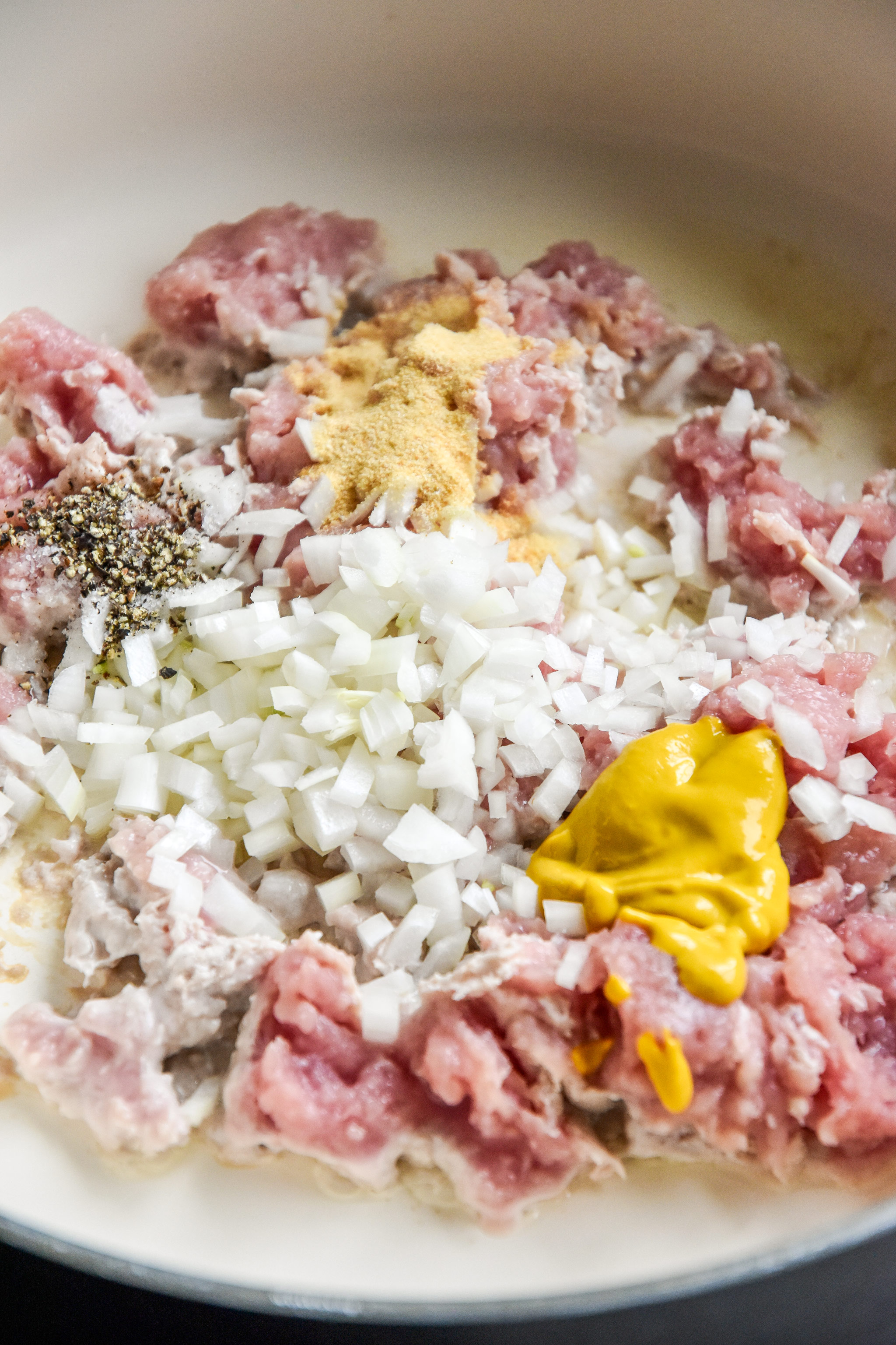 raw ground turkey with onions, mustard, and spices.