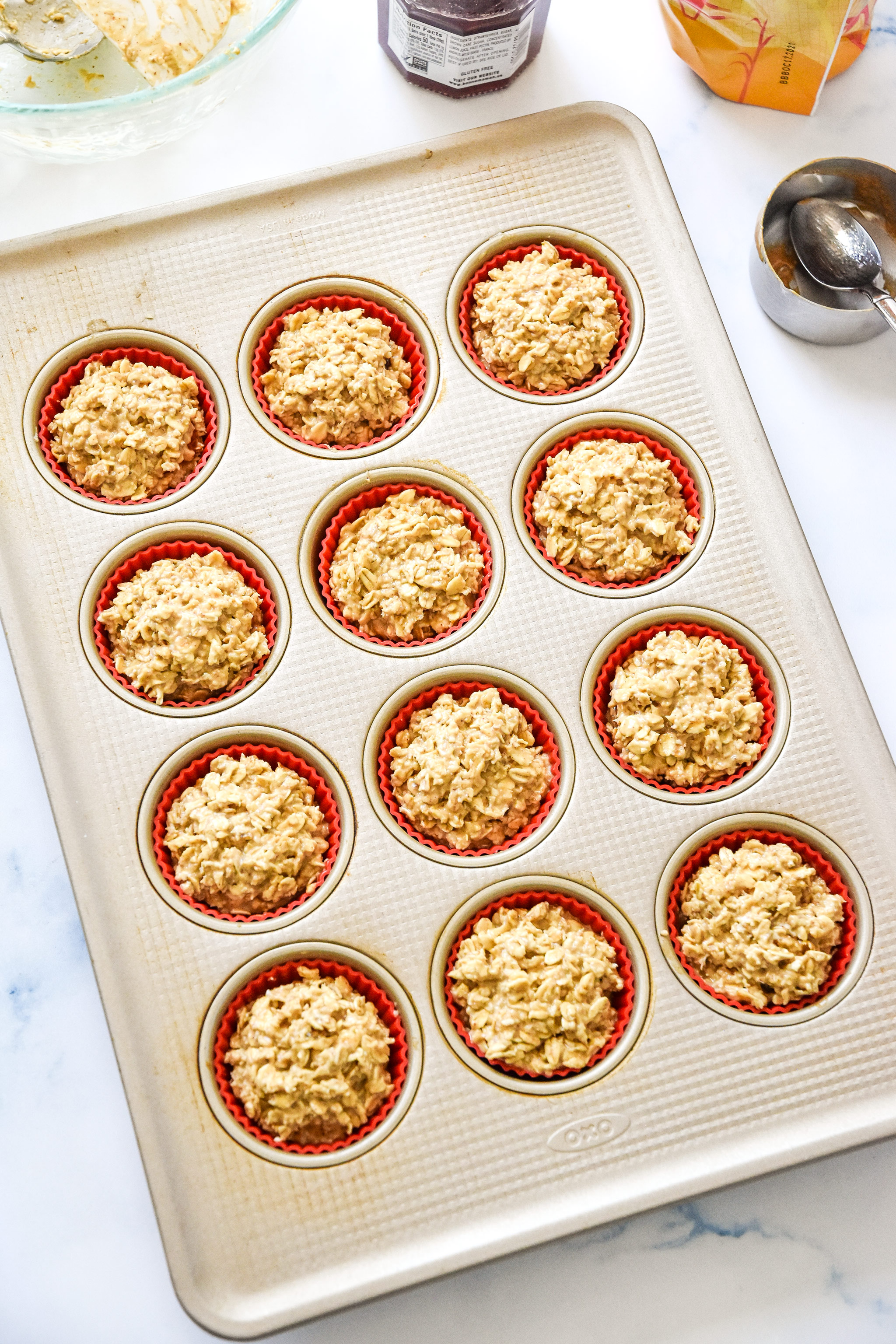 before baking the tray of oatmeal cups ready to go in the oven.