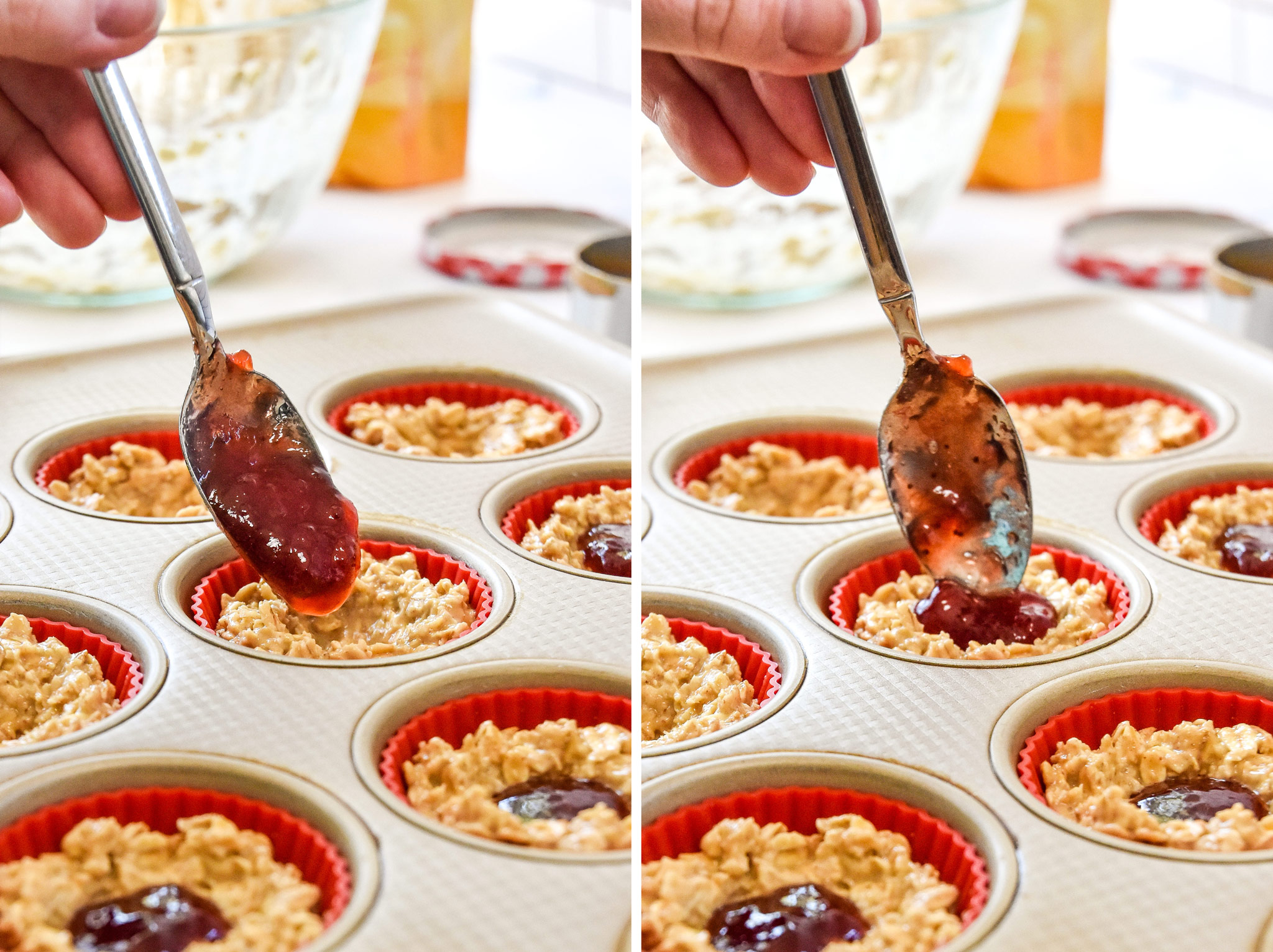 adding jam into the center of each oatmeal cup.