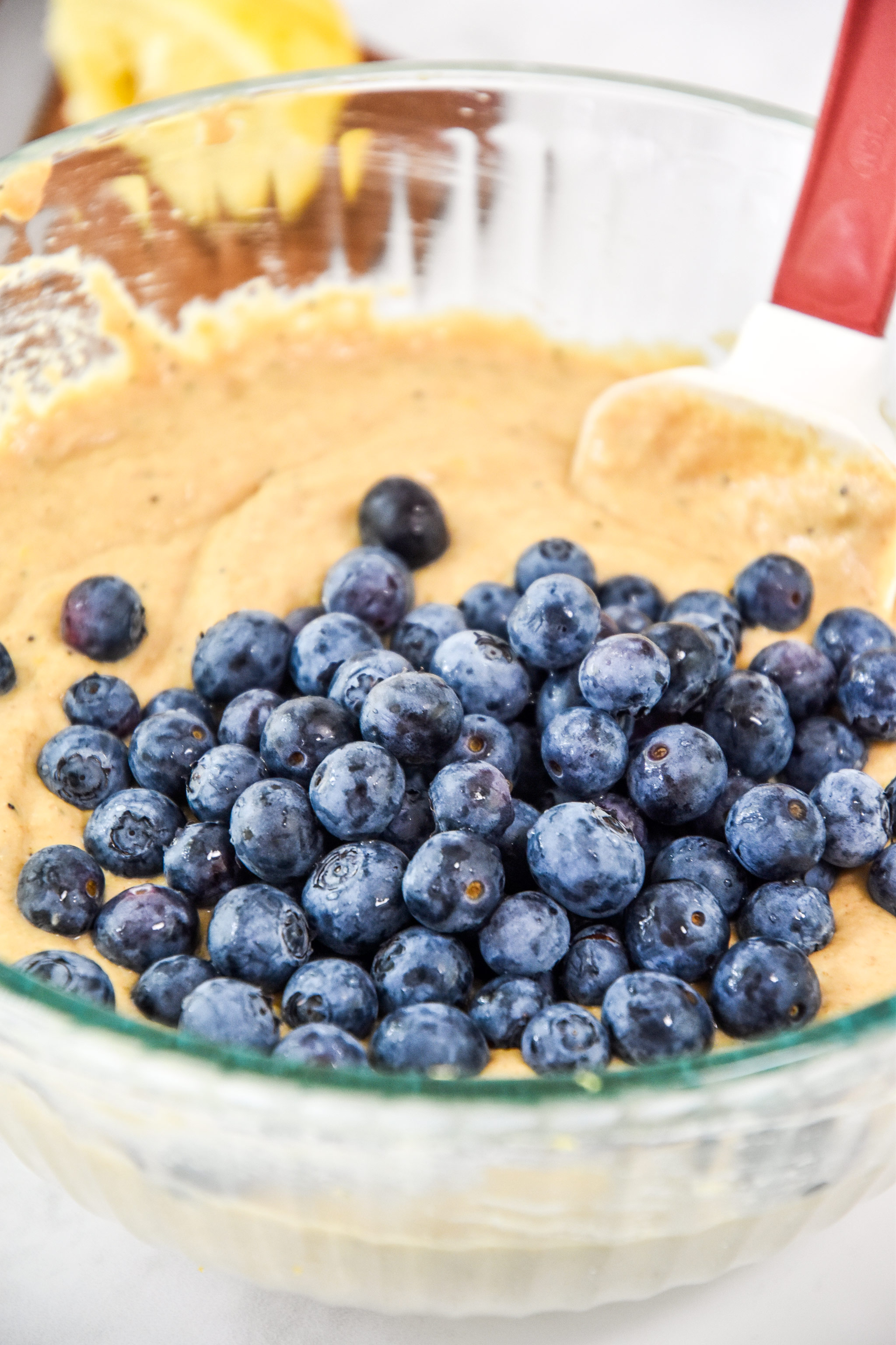 blueberries added to the batter for the pancake mix muffins.