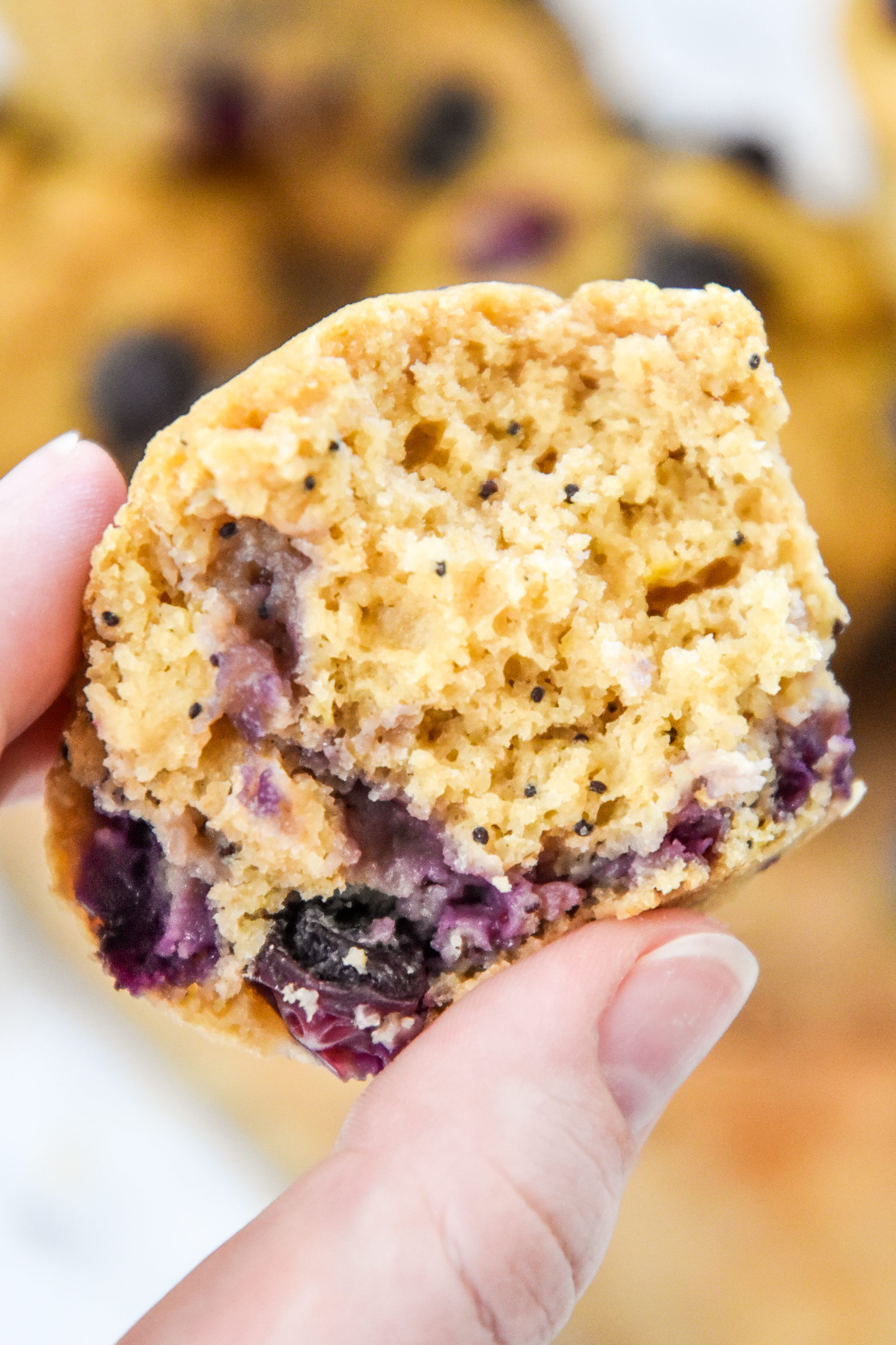 inside of a blueberry lemon pancake mix muffin.
