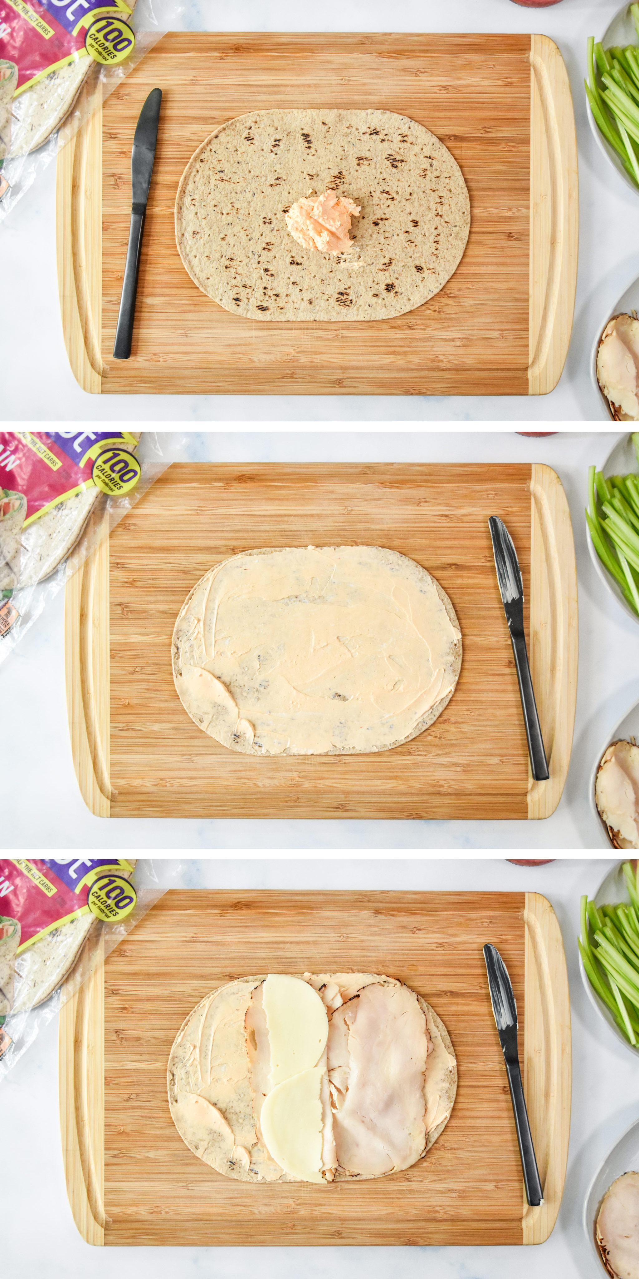 assembling the buffalo chicken pinwheels with cream cheese, meat and provolone.