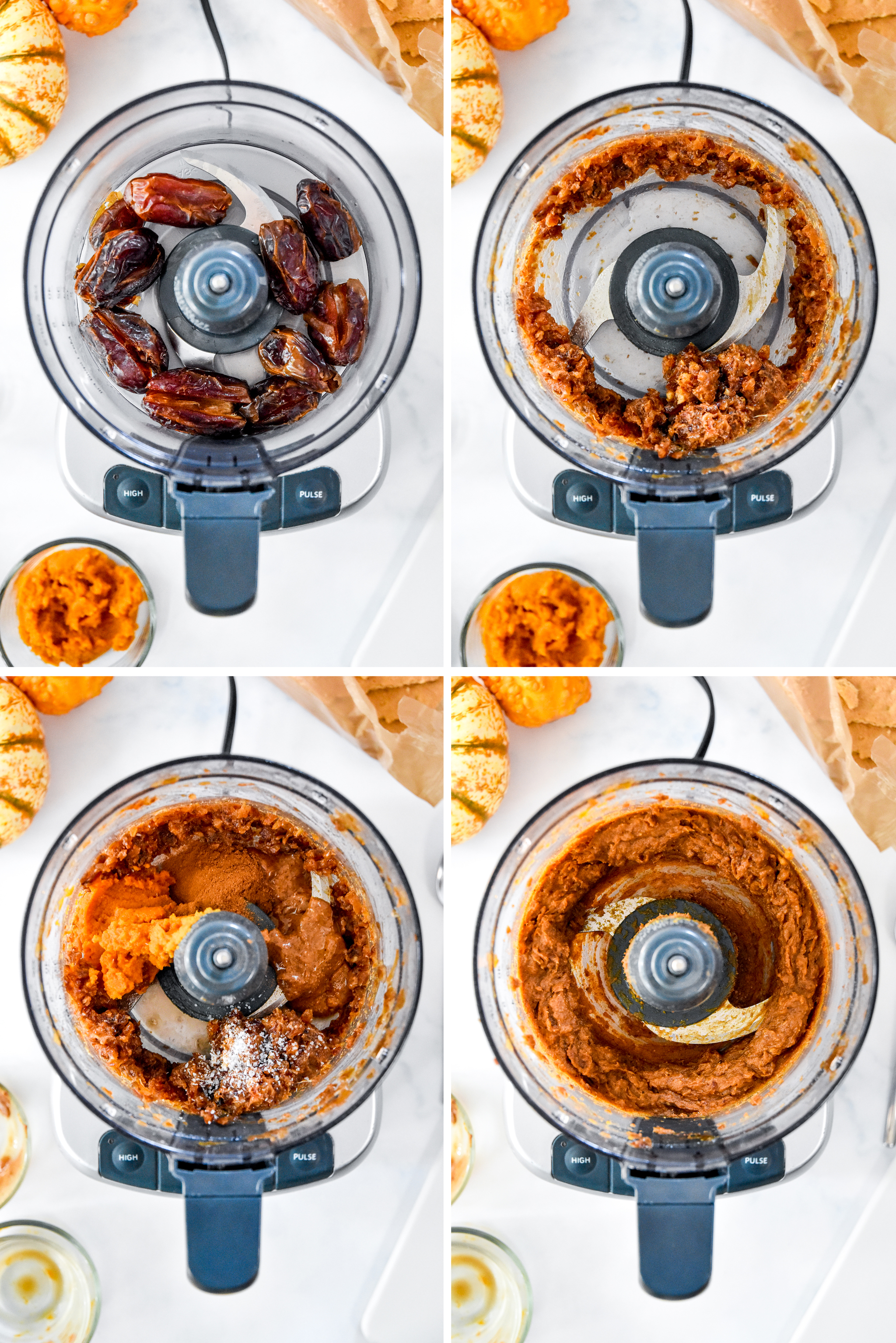 a collage showing the steps needed to make the no bake pumpkin pie date balls.