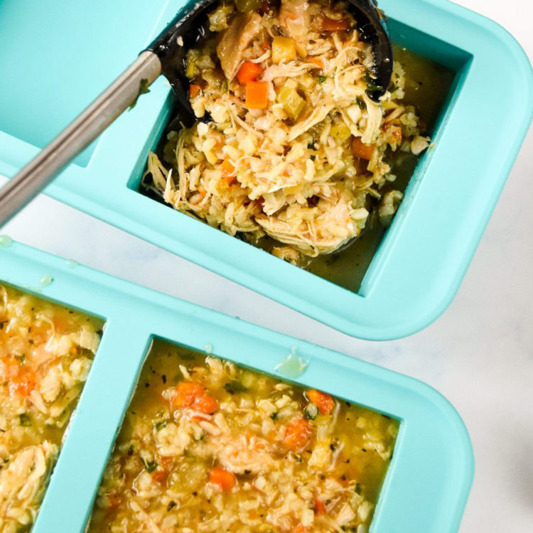 instant pot chicken and rice soup ladled into souper cubes