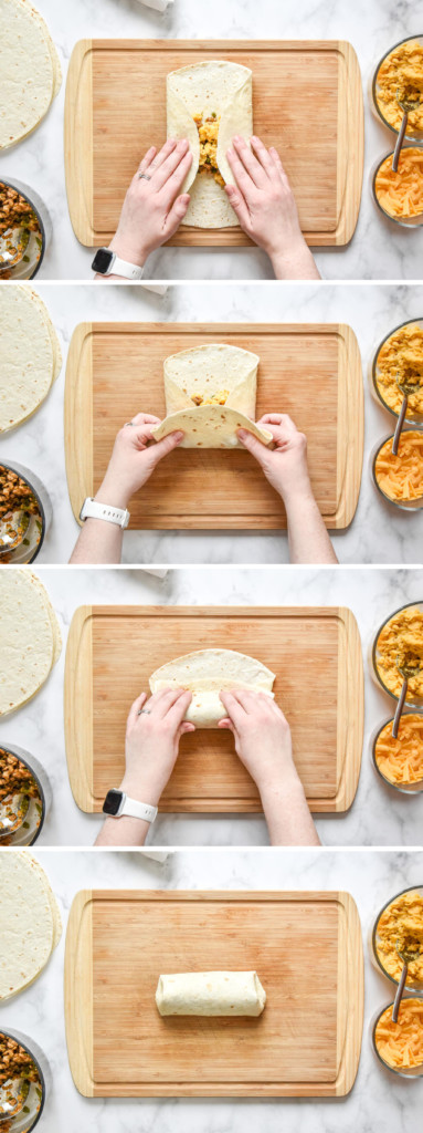 collage of how to roll the breakfast burritos using two hands on a cutting board.