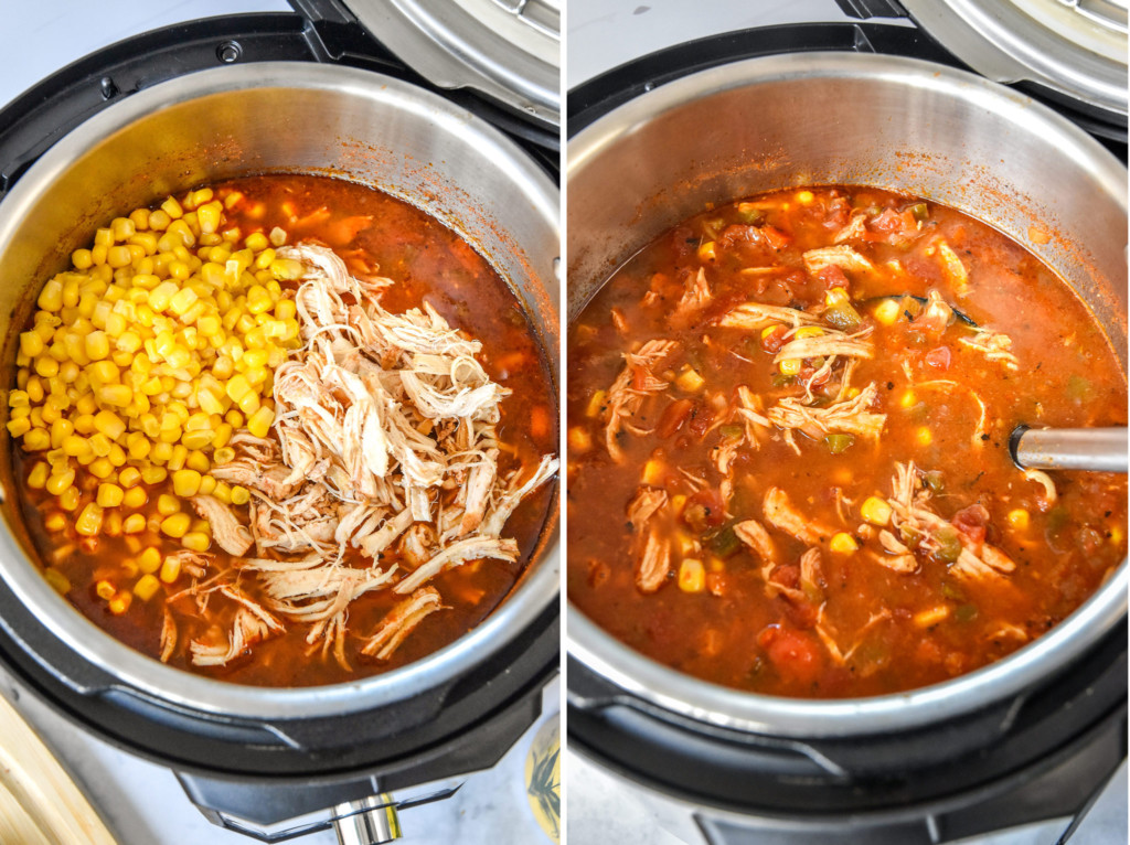 adding the corn and shredded chicken to the chili.