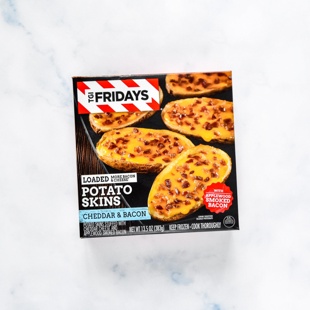 box of TGI fridays potato skins with cheddar and bacon.