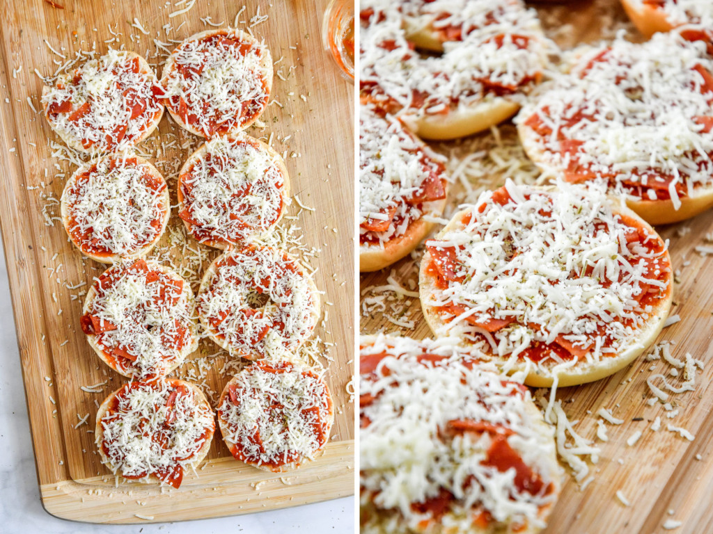 air fryer homemade pizza bagel bites before cooking.