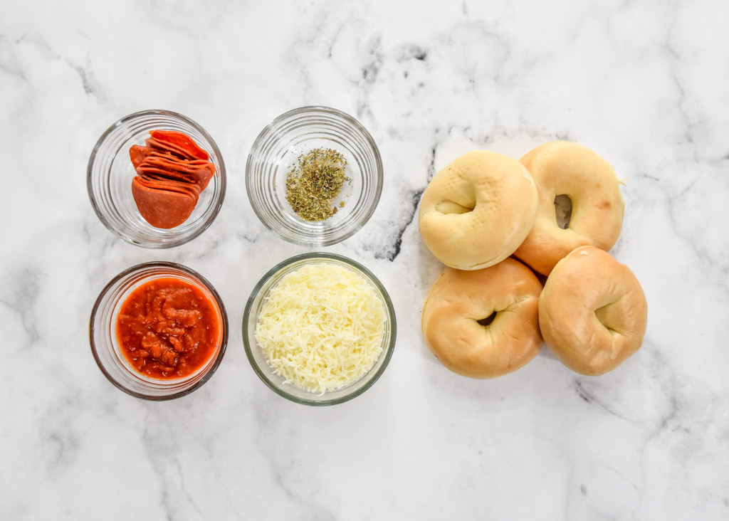 ingredients on a countertop to make the air fryer homemade pizza bagel bites.