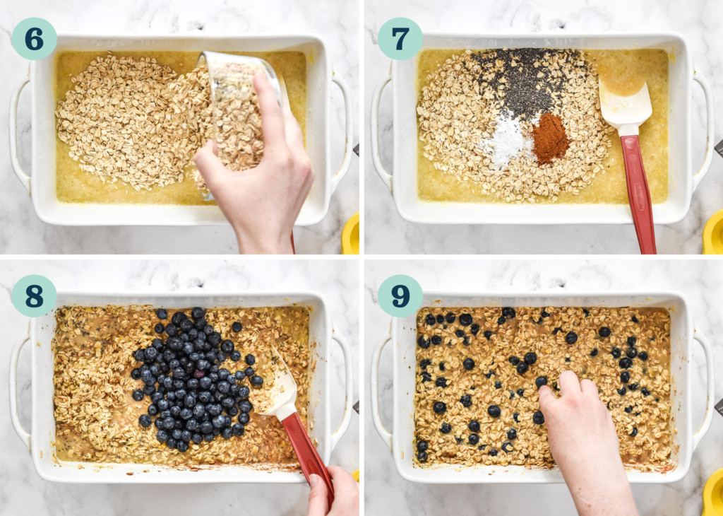 steps 6-9 of making the easy blueberry lemon baked oatmeal.