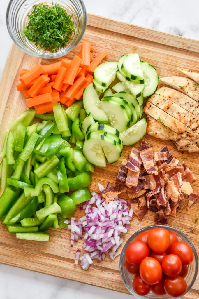 all ingredients prepped and cut up for the go-to chicken bacon ranch salad.