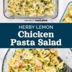 pin collage image for herby lemon chicken pasta salad.